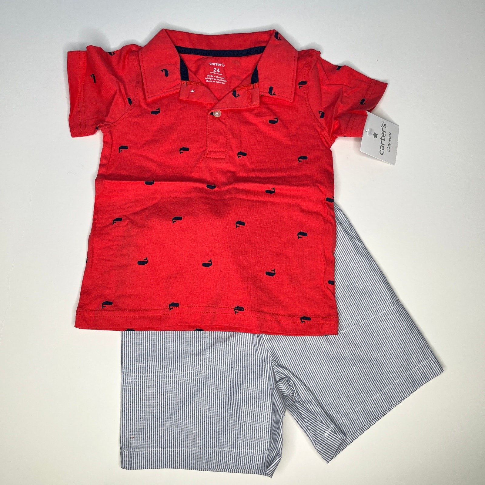 Carter’s Outfit Whale Polo Striped Nautical Shorts Set New 24M
