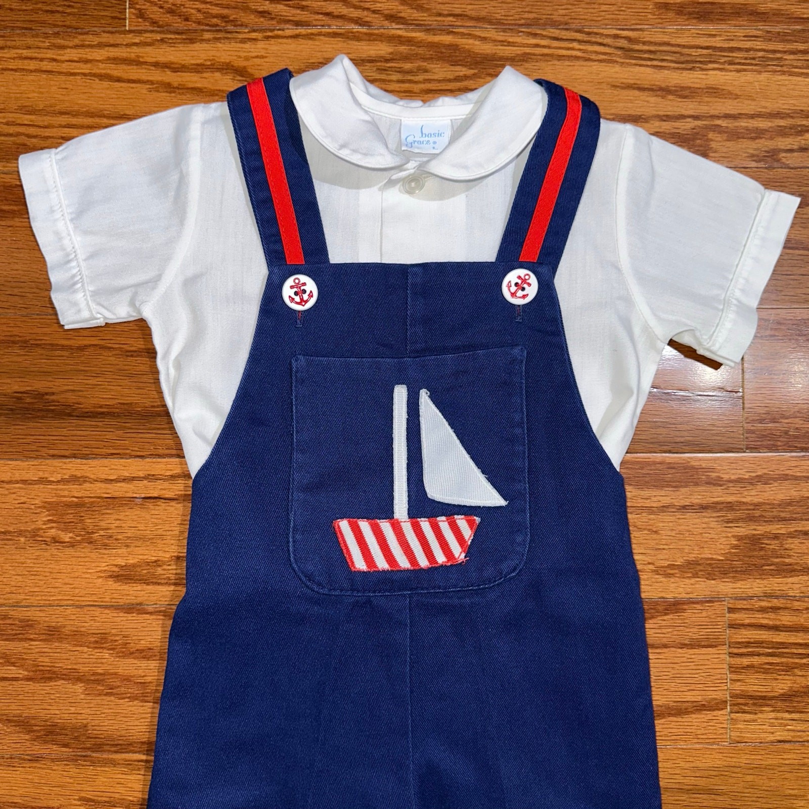 Vintage Baby Boys Red White Blue Sailboat Sailor Shirt & Overalls Set
