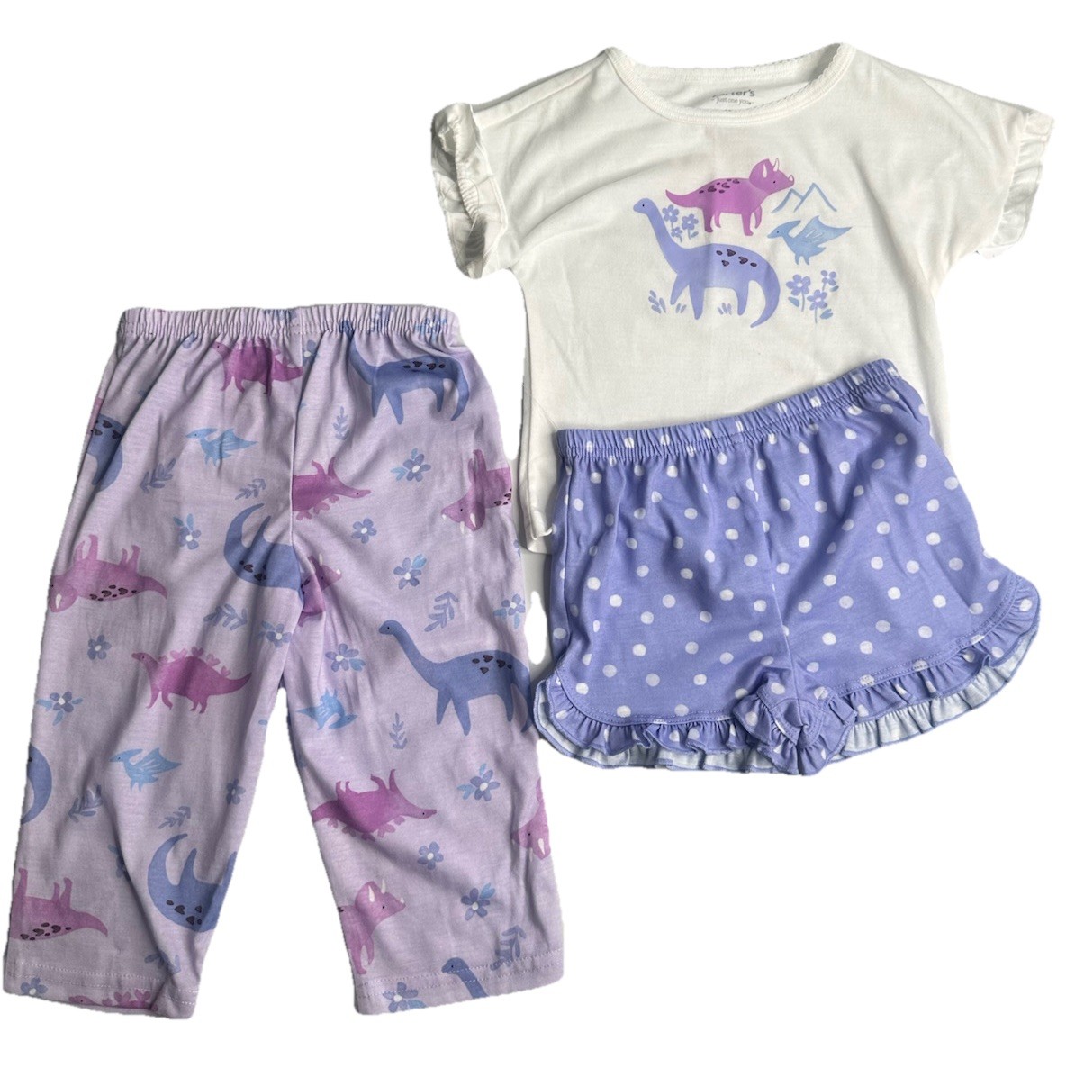 Carter 3 piece Girls Dinosaur Set Shirt Shorts Pants Purple Pink White 18M