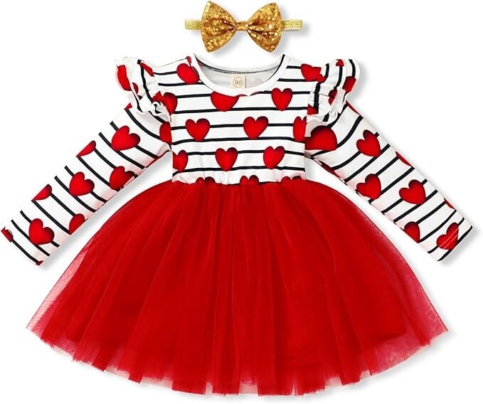 Baby Girls Outfits Long Sleeve Stripe Heart Print Tutu Skirts, 1-2 T