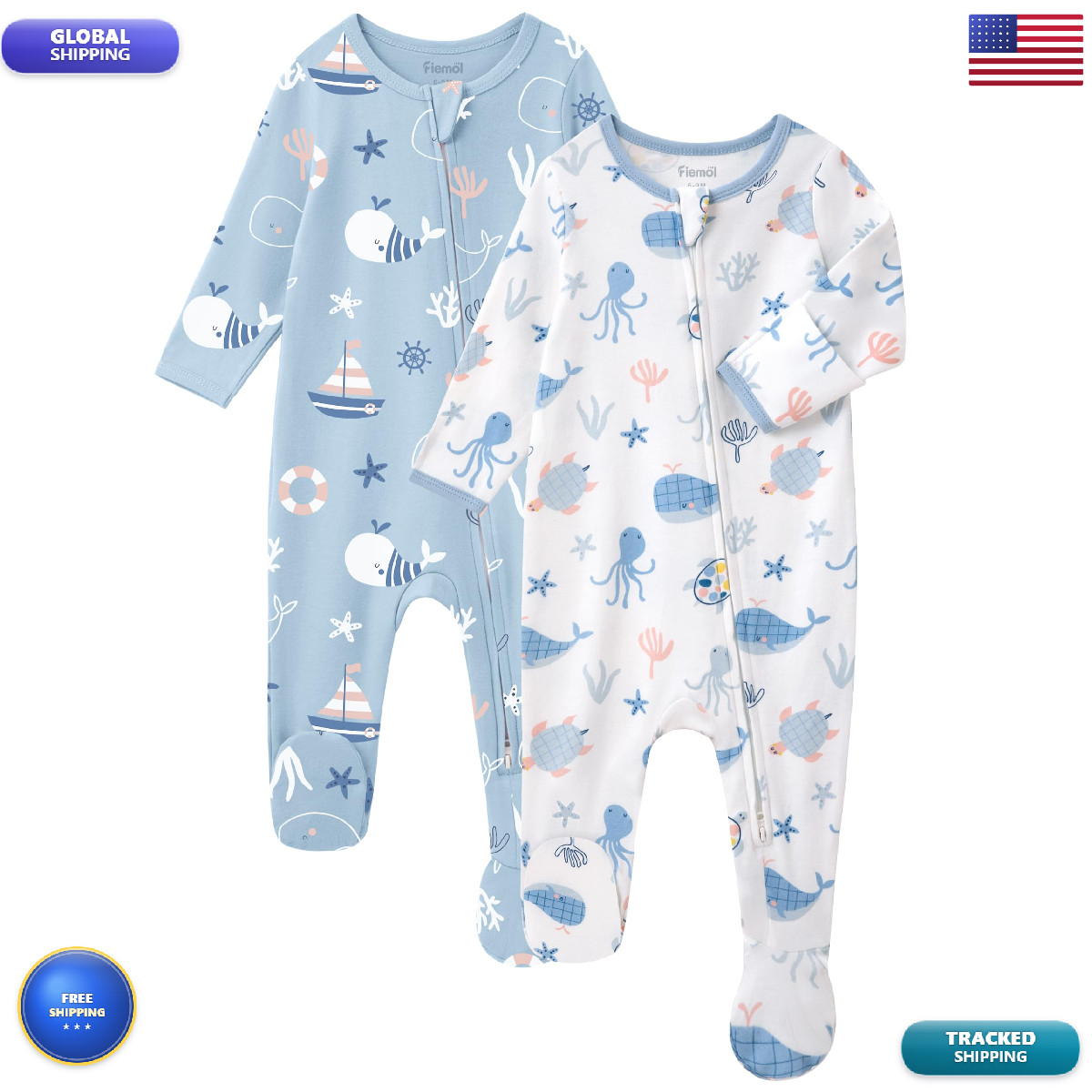 Fiemol Baby Boy Sleepers 100 Cotton Footie Pajamas Newborn 0-3 3-6 6-9 Months