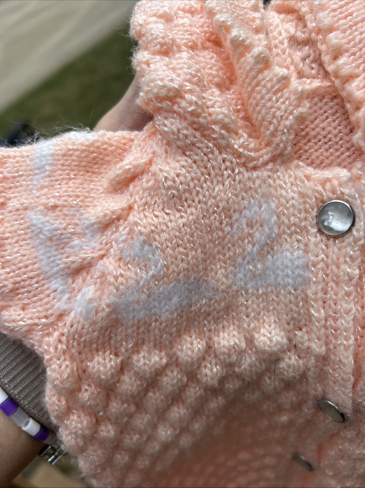 New Hand Knit Newborn Baby Preemie Peach White Swans Pearl Buttons Homemade