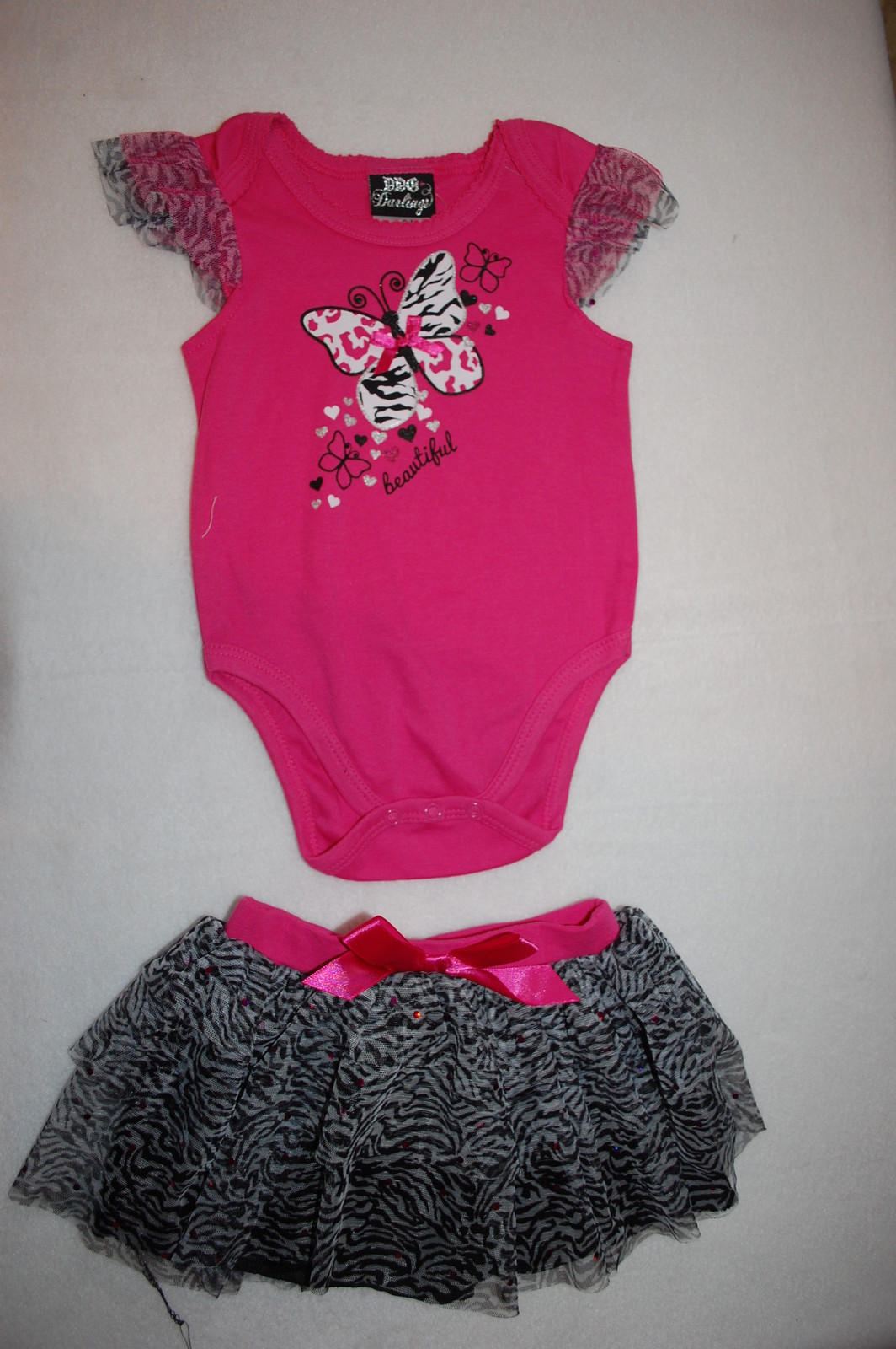 Baby Girls PINK BUTTERFLY T-SHIRT Beautiful BLACK TUTU SKIRT Zebra Print 6-9 MO