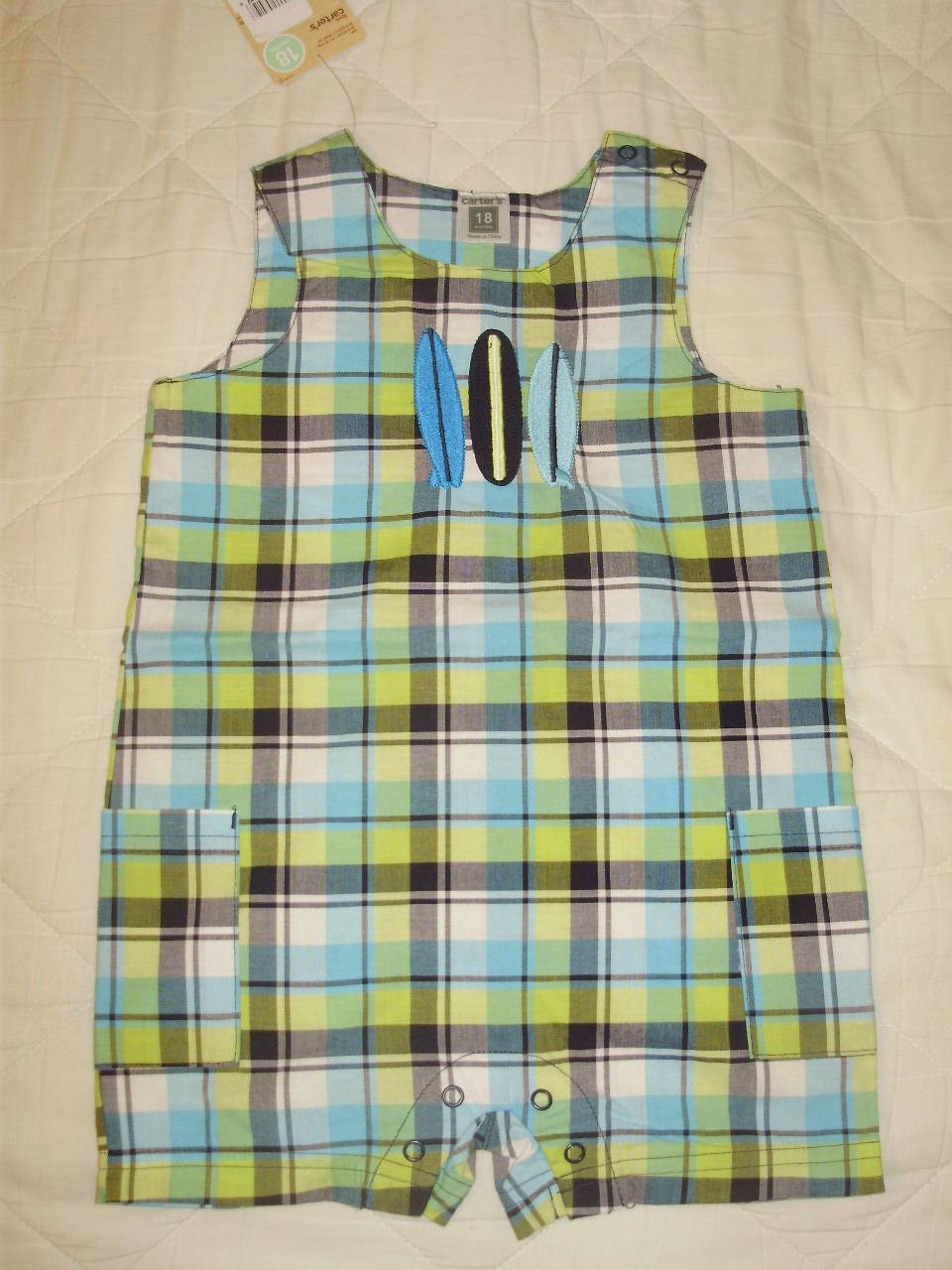 Carter’s One-Piece Romper Navy Yellow White Plaid Surfboards 12 months NWT