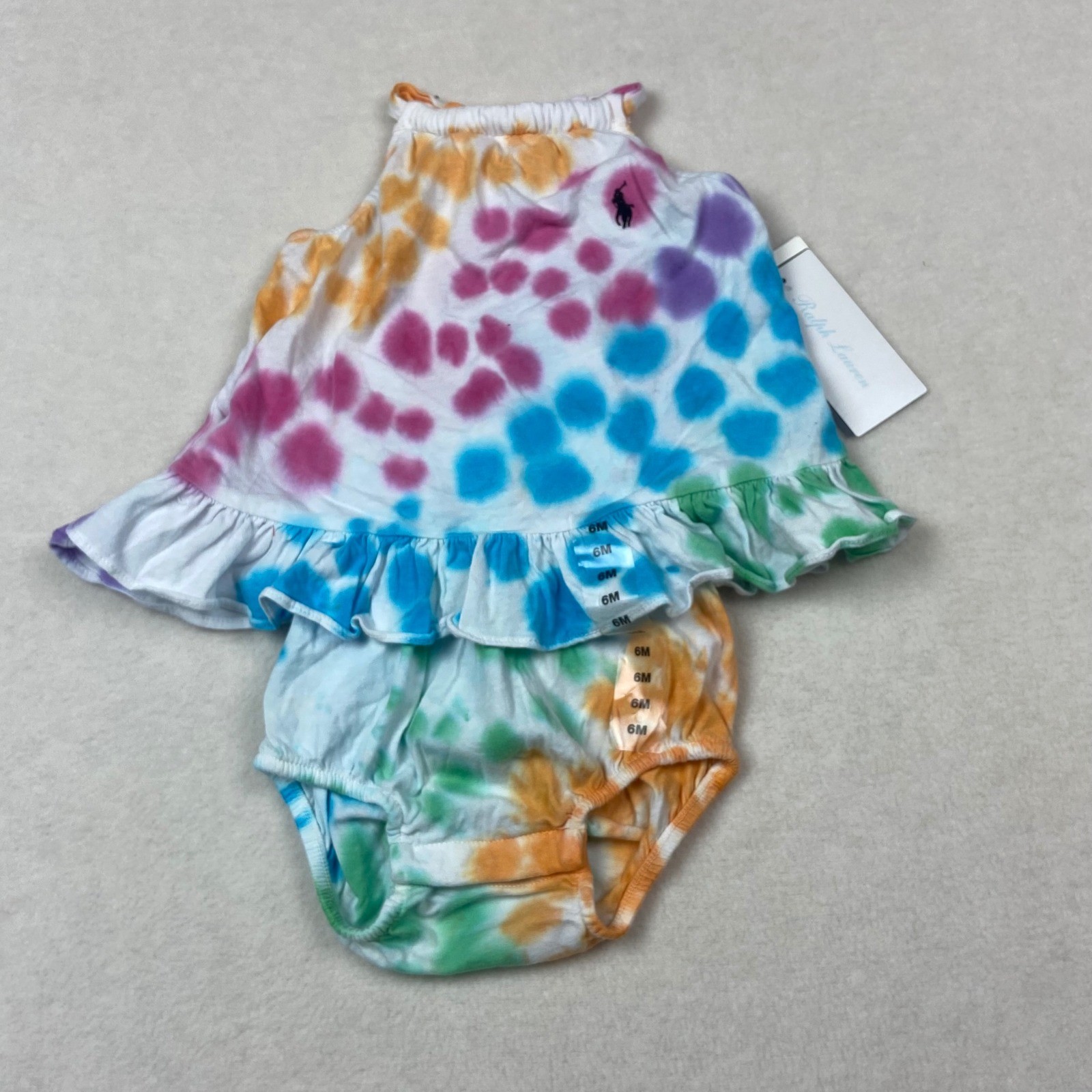 Ralph Lauren Baby Girls Tie Dye Halter Romper 6M Rainbow Ruffle Bodysuit