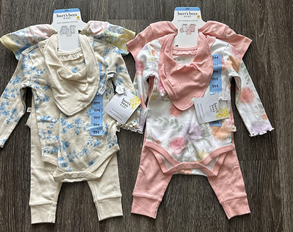 Burt’s Bees Baby Outfit Set Girls 9 Months Lot of 2 Floral 4 Piece Organic