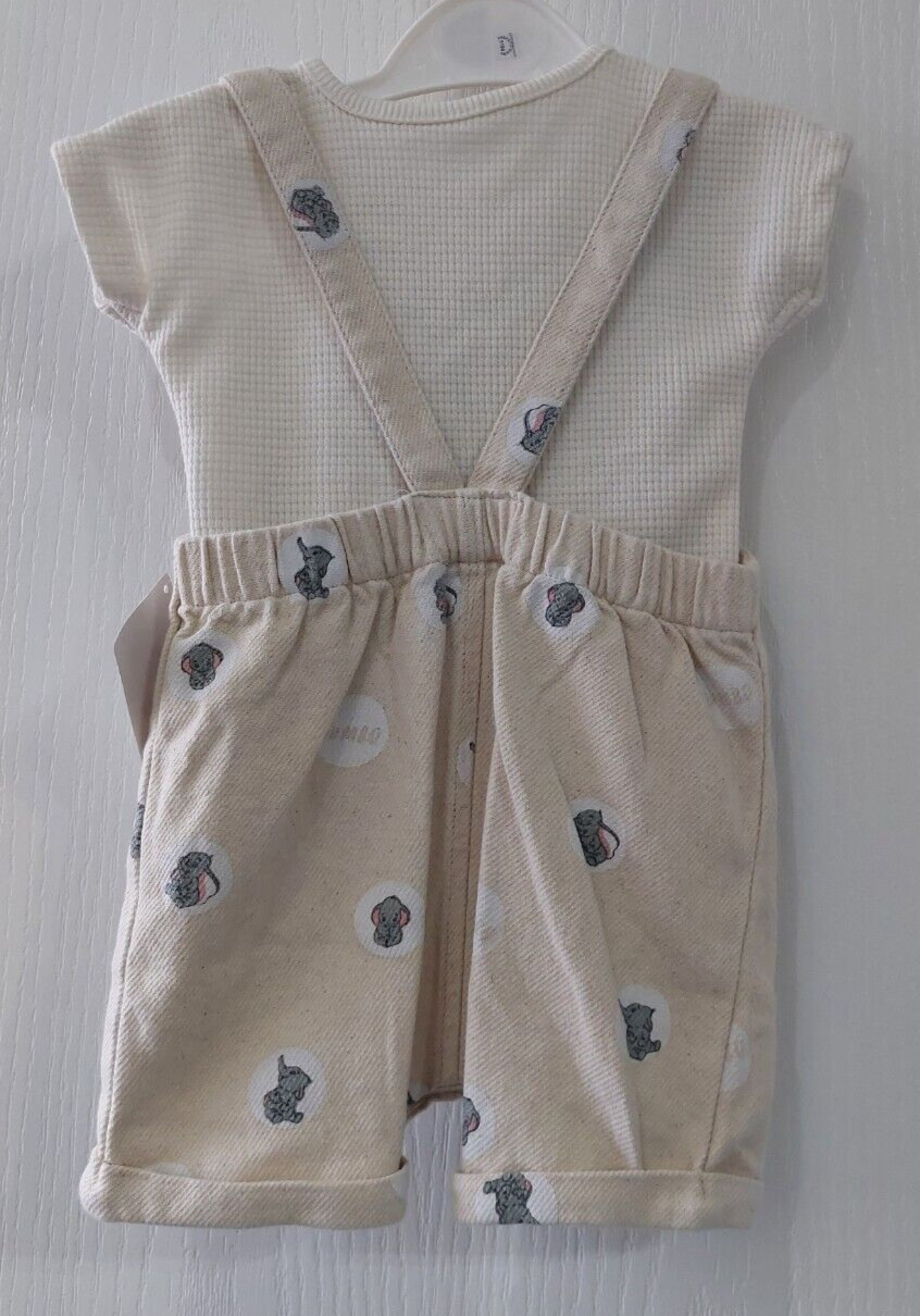 Disney Baby Boys 3-6 Months Dumbo Cream Character Dungarees Bodysuit Hat 3pc Set