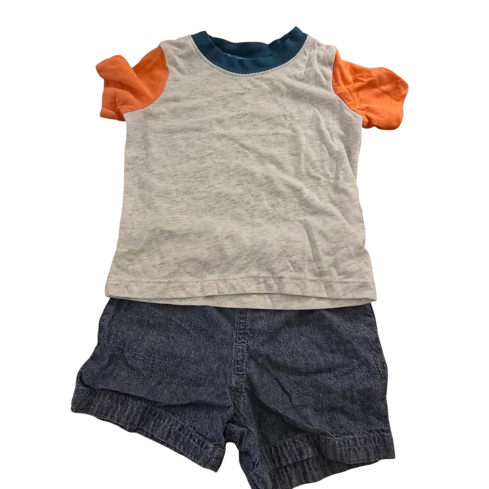 Carters Baby Boy 2pc Set Gray Orange Teal T-Shirt and Blue Shorts 12 Months