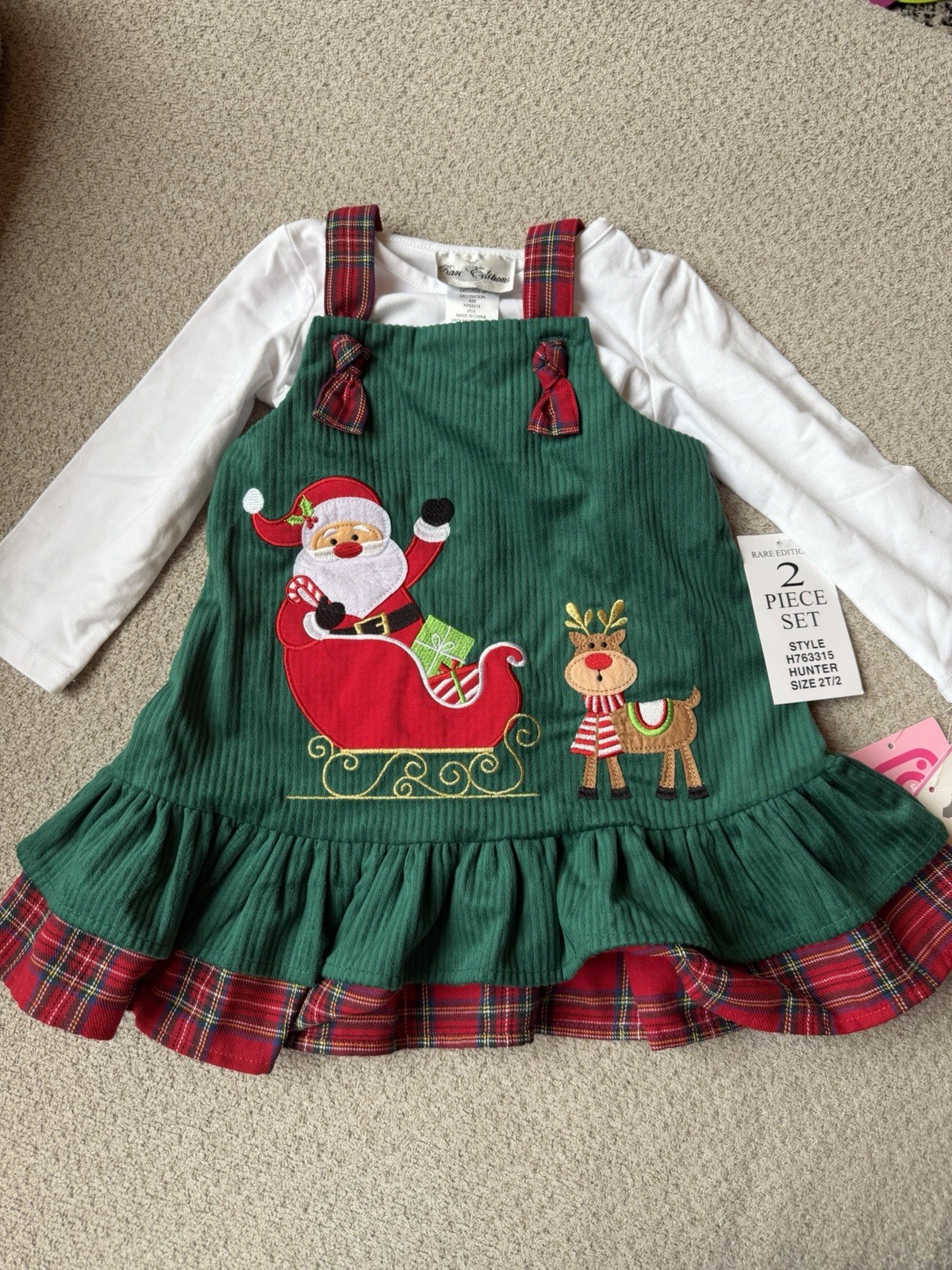 Rare Editions Girls 2T 2-Piece Plaid Corduroy Christmas Dress & Top Santa Zip