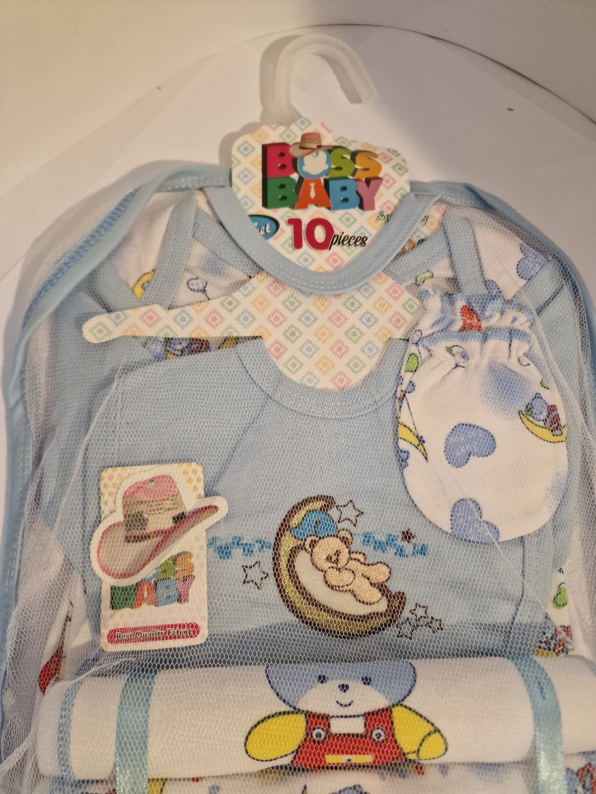 Newborn Baby Boy 10 Piece Gift Set Boss Baby Blue White 100% Cotton BNIB Gift