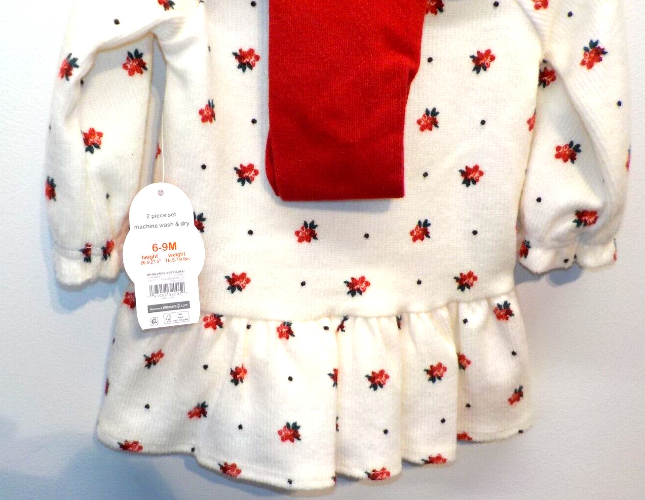Wonder Nation Girl Christmas 2-Piece Ivory Dress & Red Footed Tights 6-9 Months