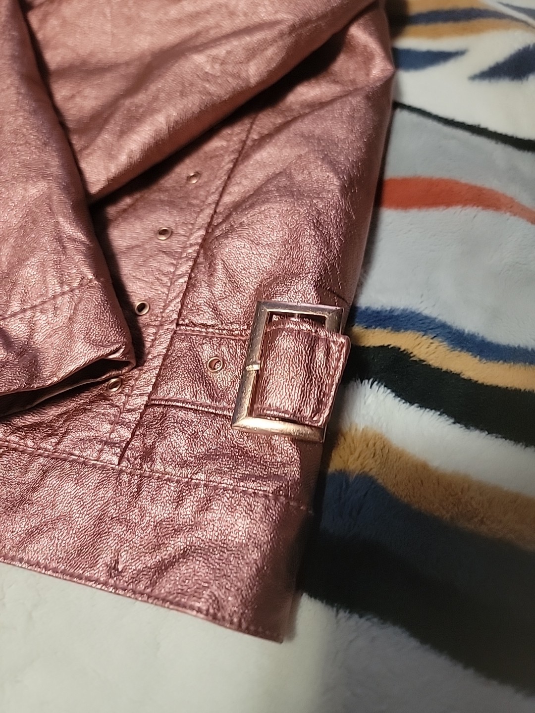 Rose Gold Kids Faux Leather Jacket – Metallic Finish, Buckle Sides – Size 3T