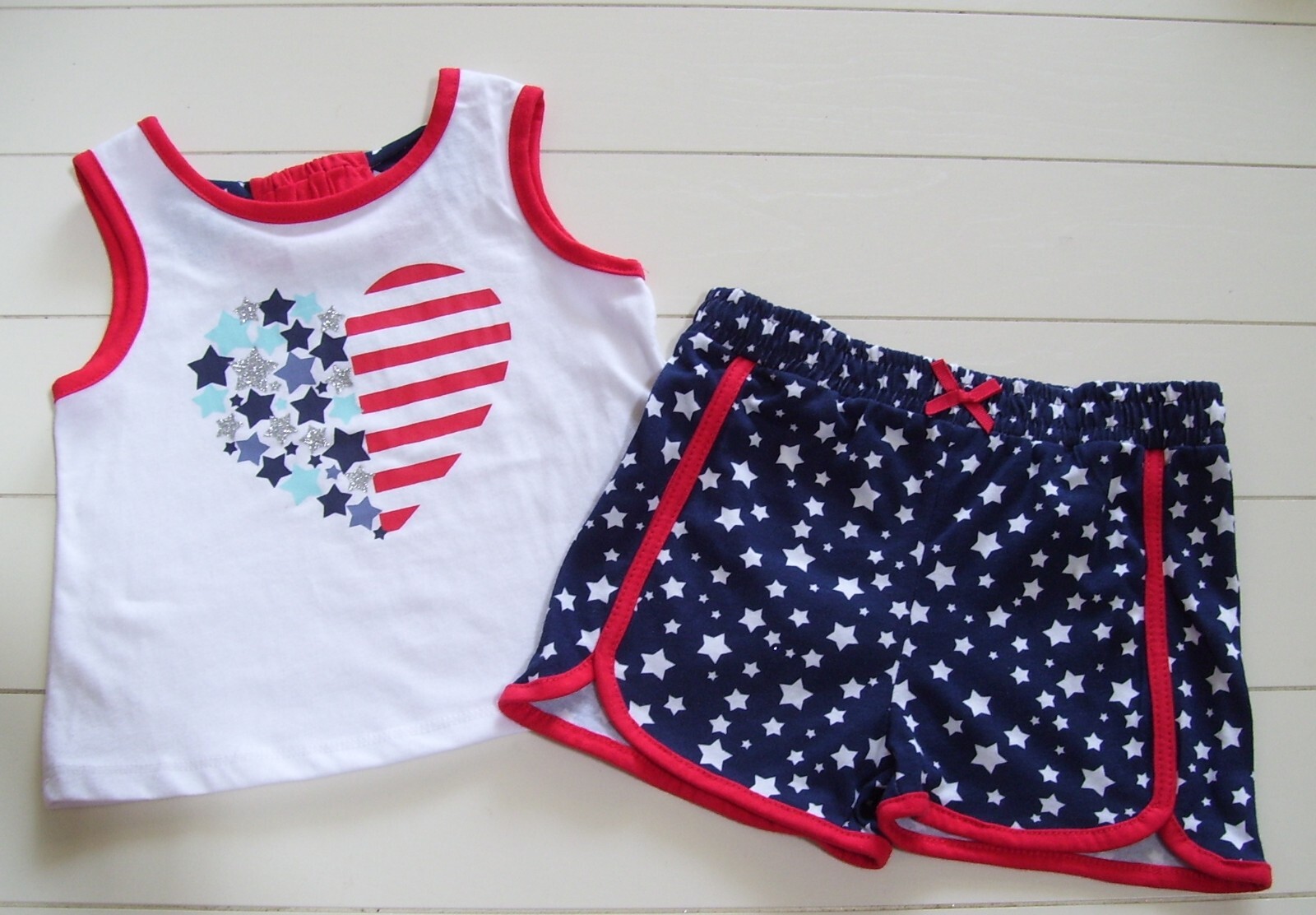 Little Lass 2 Pc Red White Blue Star Heart Tank Shorts Outfit July 4th 2T