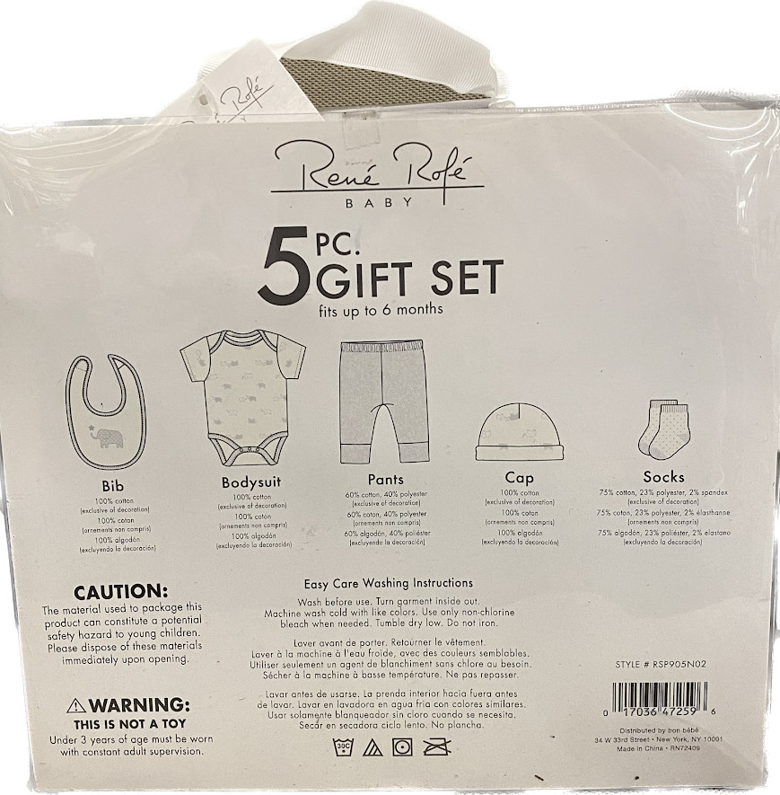 Rene Rofe 5pc Baby Gift Set with Elephant Print 0-6 Months NWT
