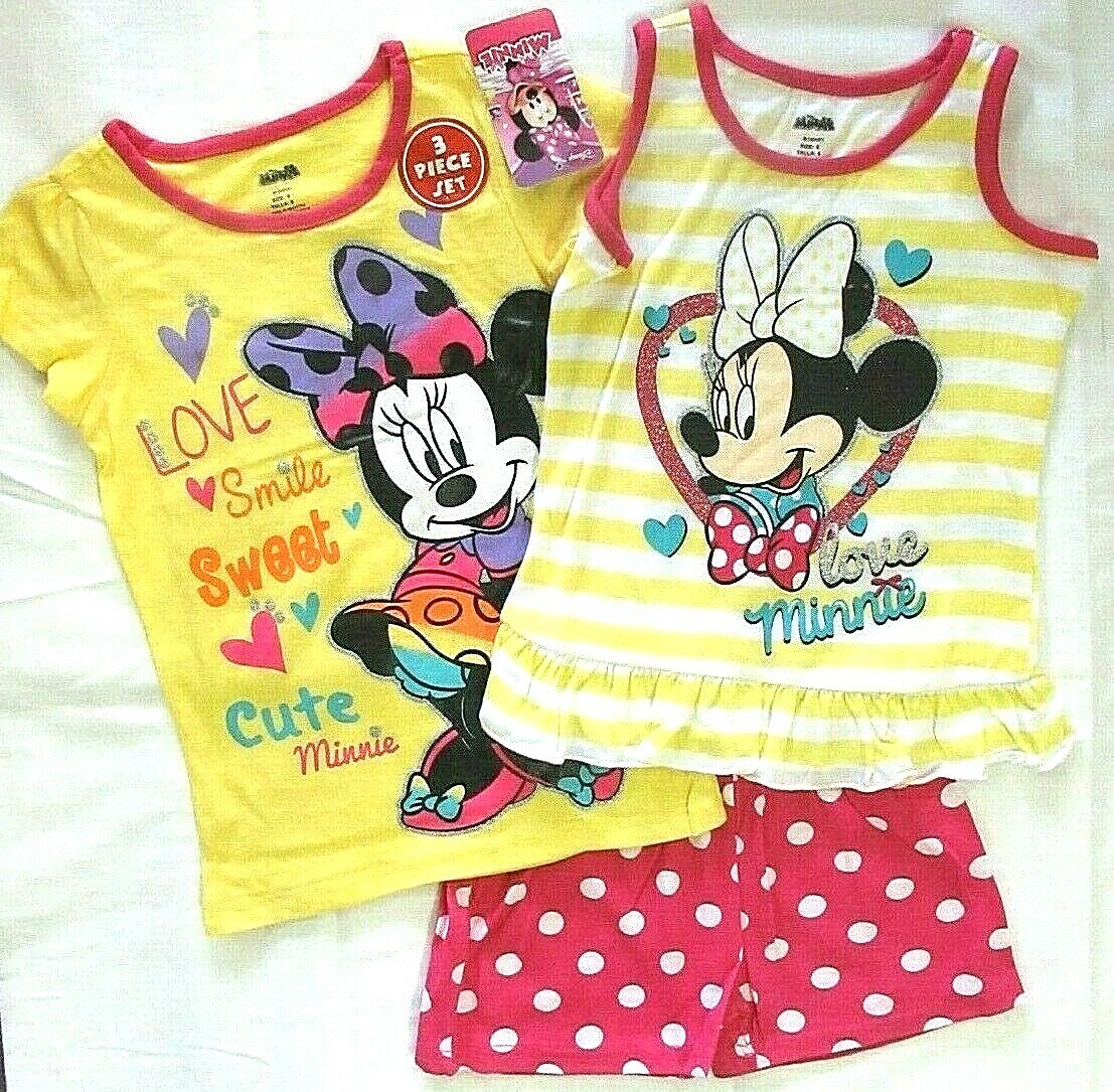 3pc NWT DISNEY Minnie Mouse Girl’s Tee Tank Shorts Set Yellow Stripes Sz 6