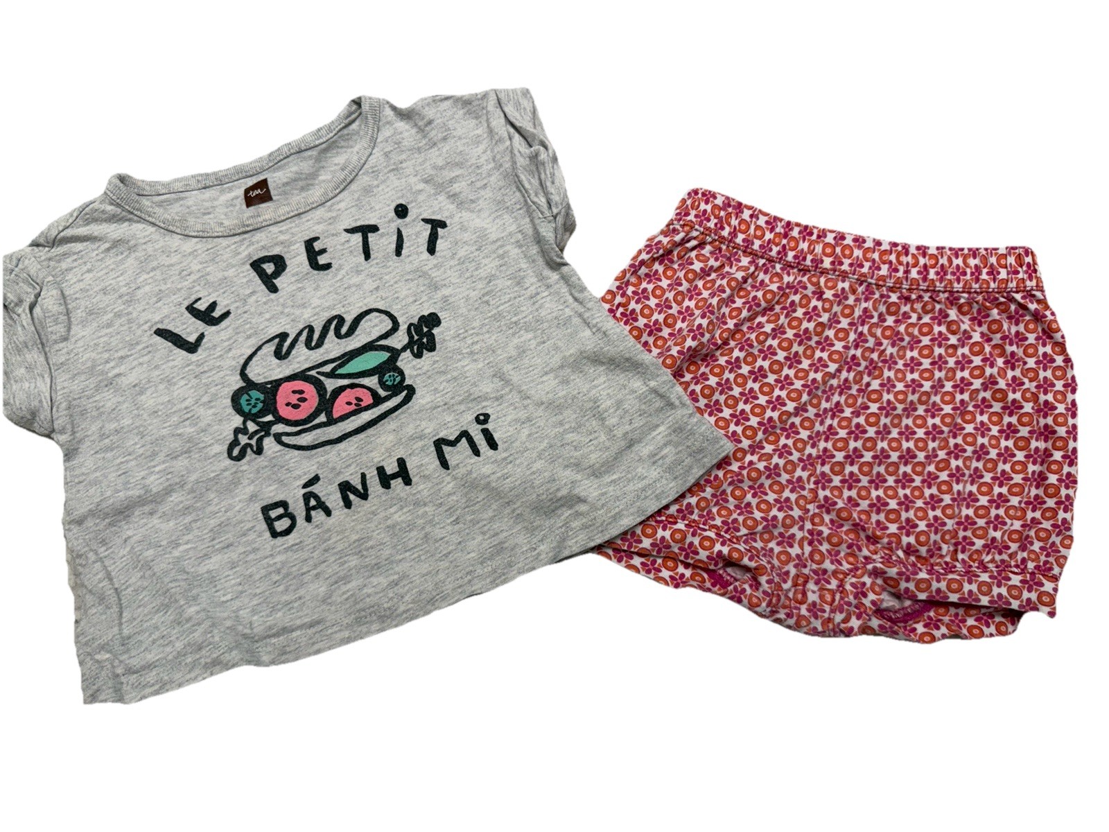 Tea Collection Toddler Girls Outfit Set 3-6M Gray Graphic Tee Floral Shorts