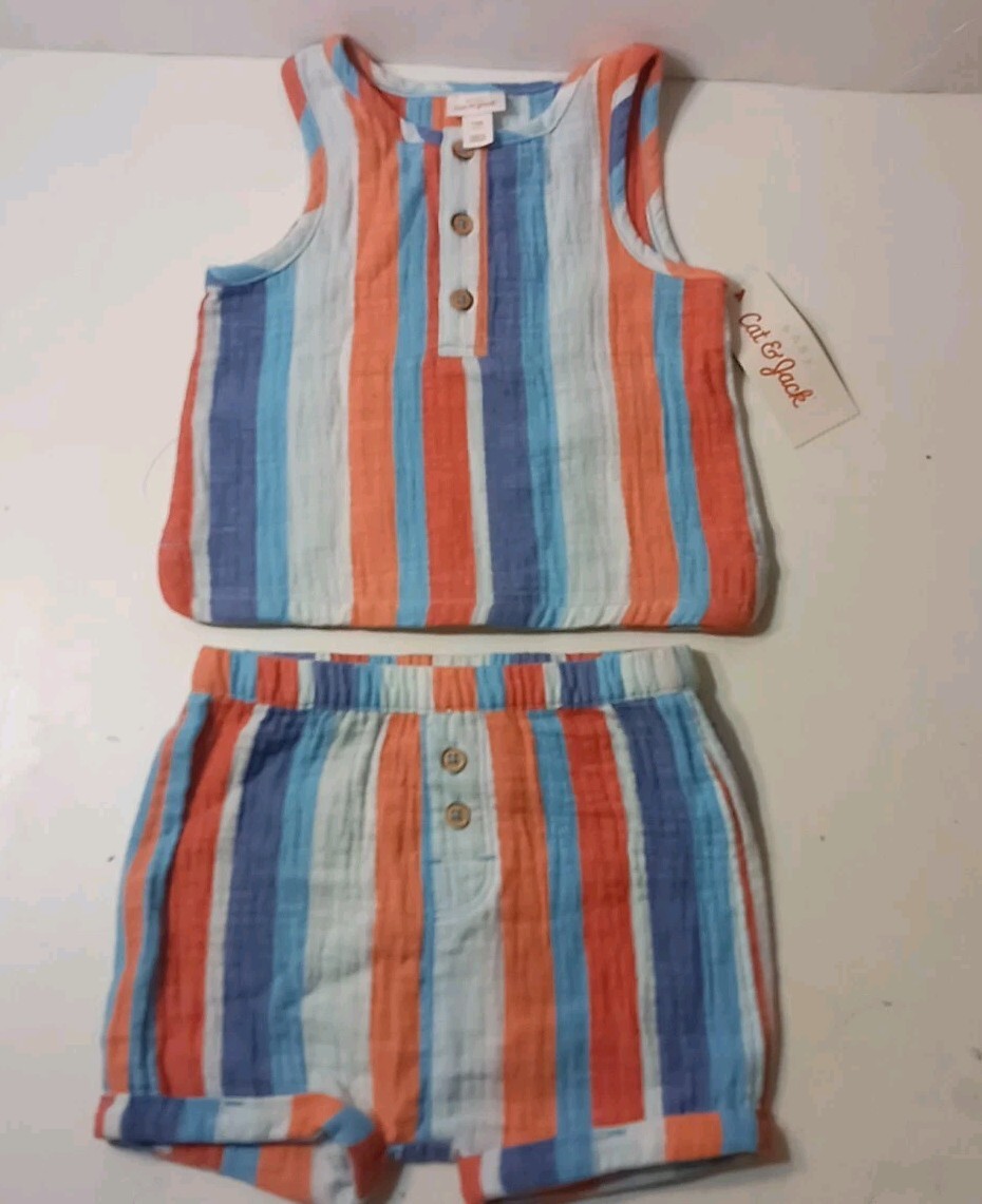 Cat & Jack Baby Boys Sz 12 Months Gauze Striped Shorts & Tank Shirt 2 Pc Set