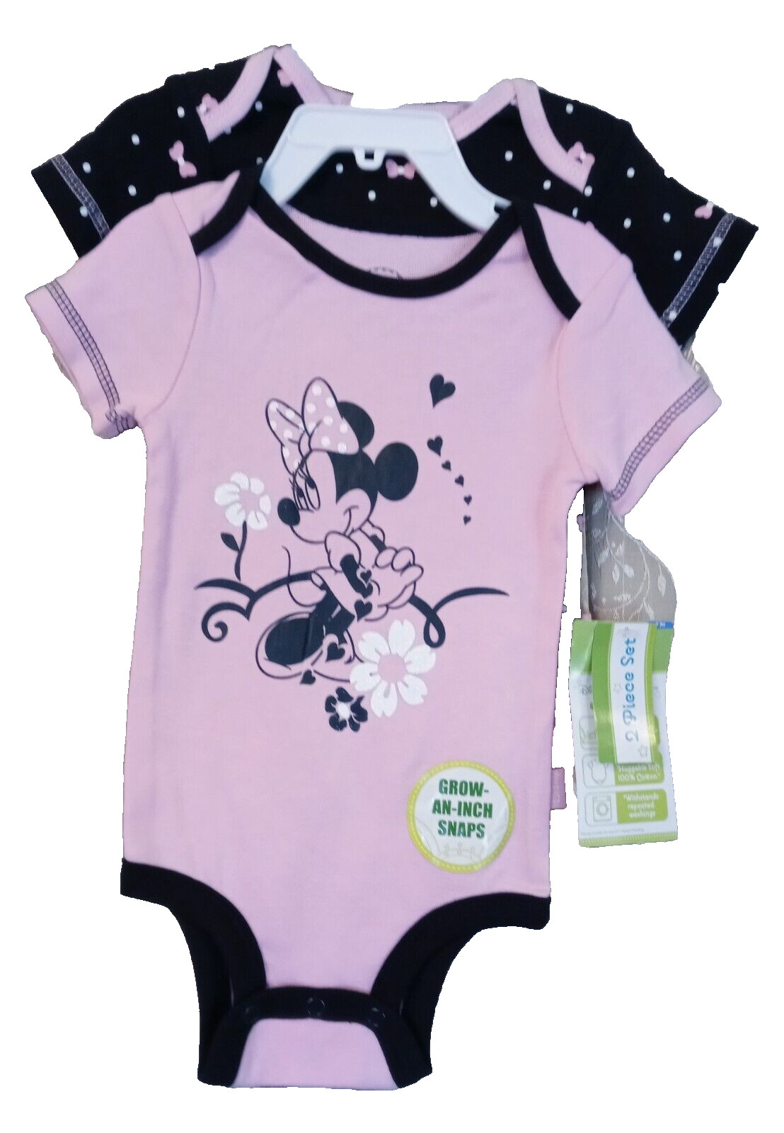 Two Disney Baby Cuddly Bodysuits Grow-An-Inch Snaps Mini Mouse Pink & Black 9 MO