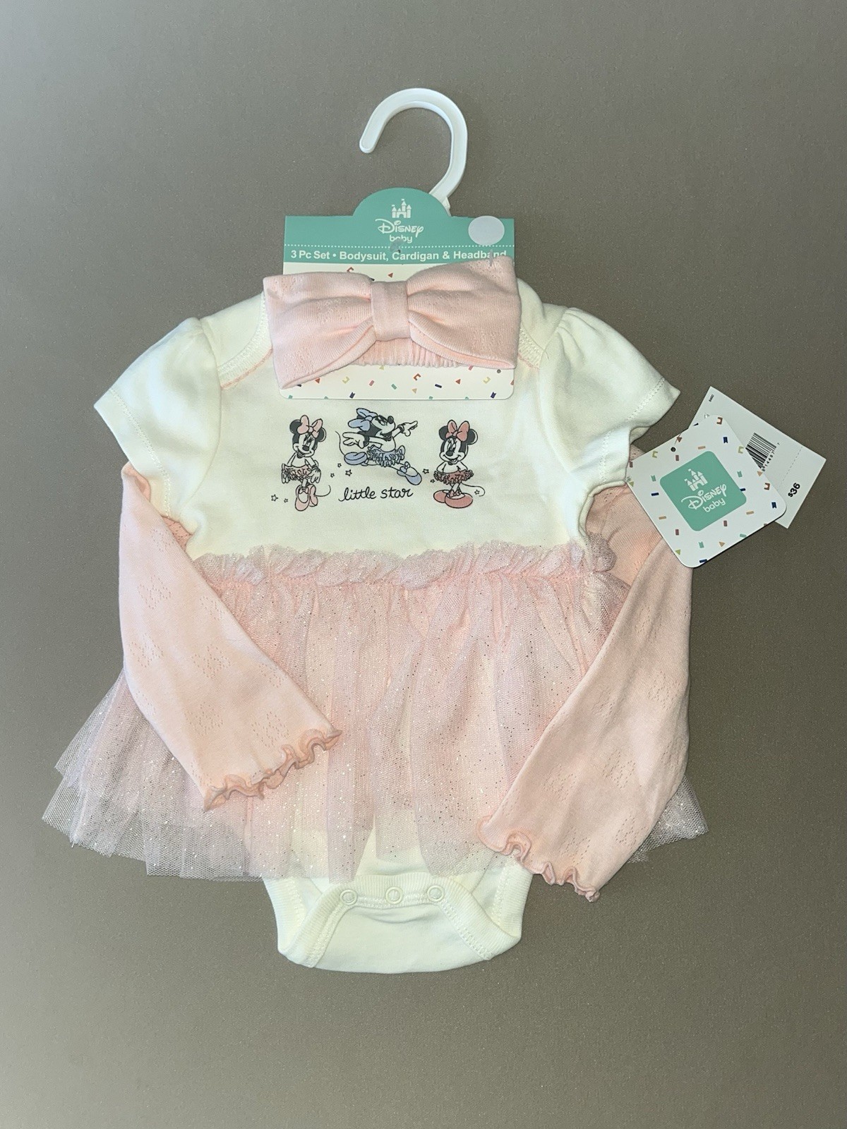 Disney Baby Girls Minnie Mouse Newborn Short Sleeve Bodysuit, Cardigan & Bow-New