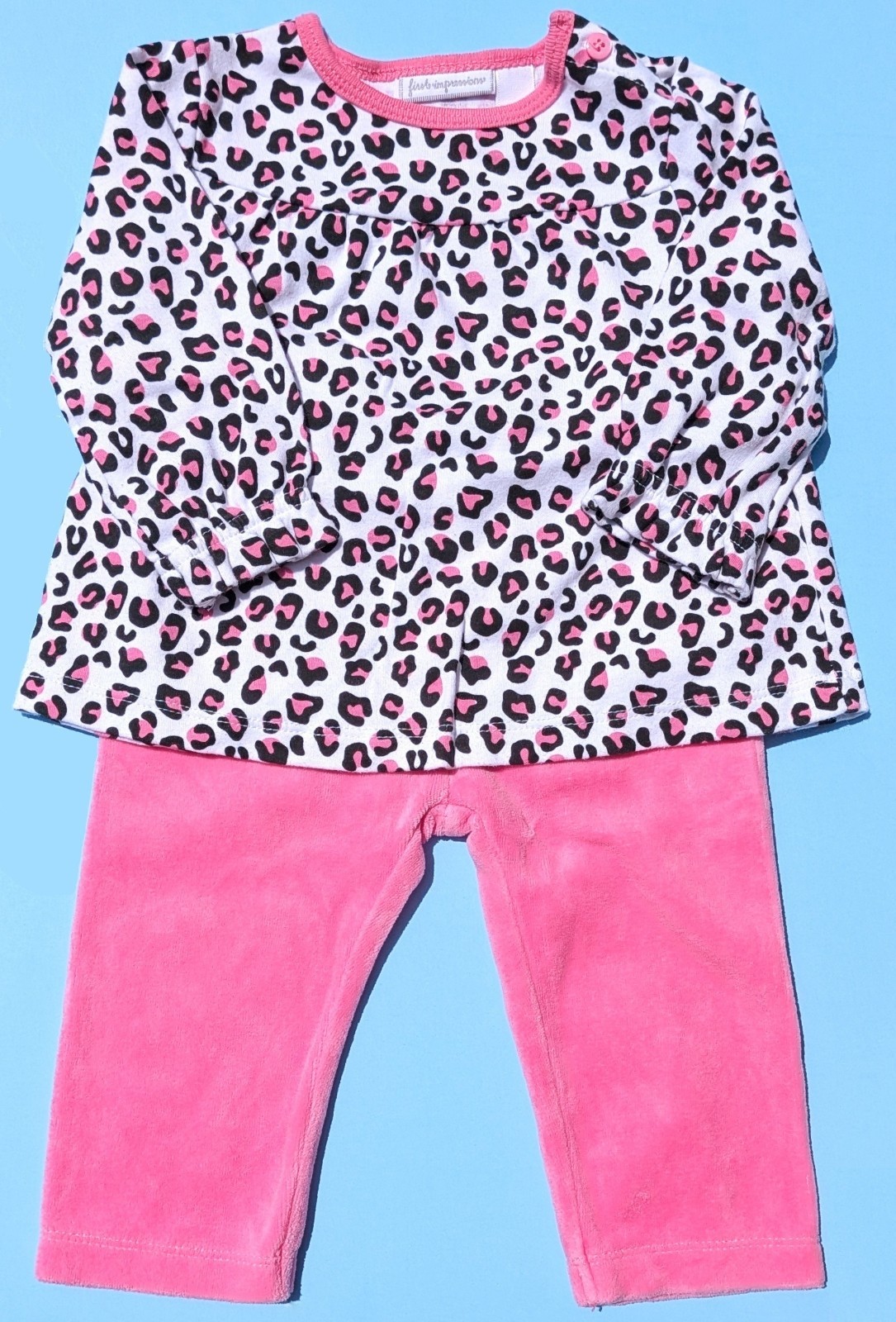 First Impressions Baby Girl 6-9M 6-9 Months Leopard Top Pink Velour Pants NWOT