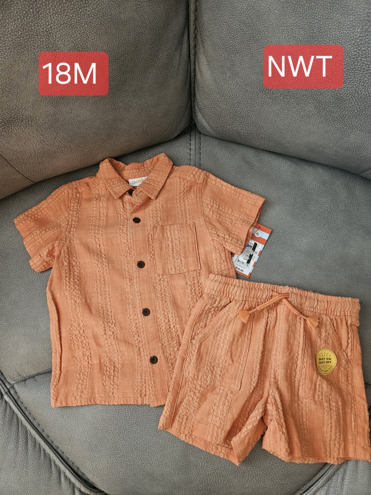 Cat & Jack Boys 2pc Solid Button Short Sleeve Shirt & Drawstring Shorts 18M