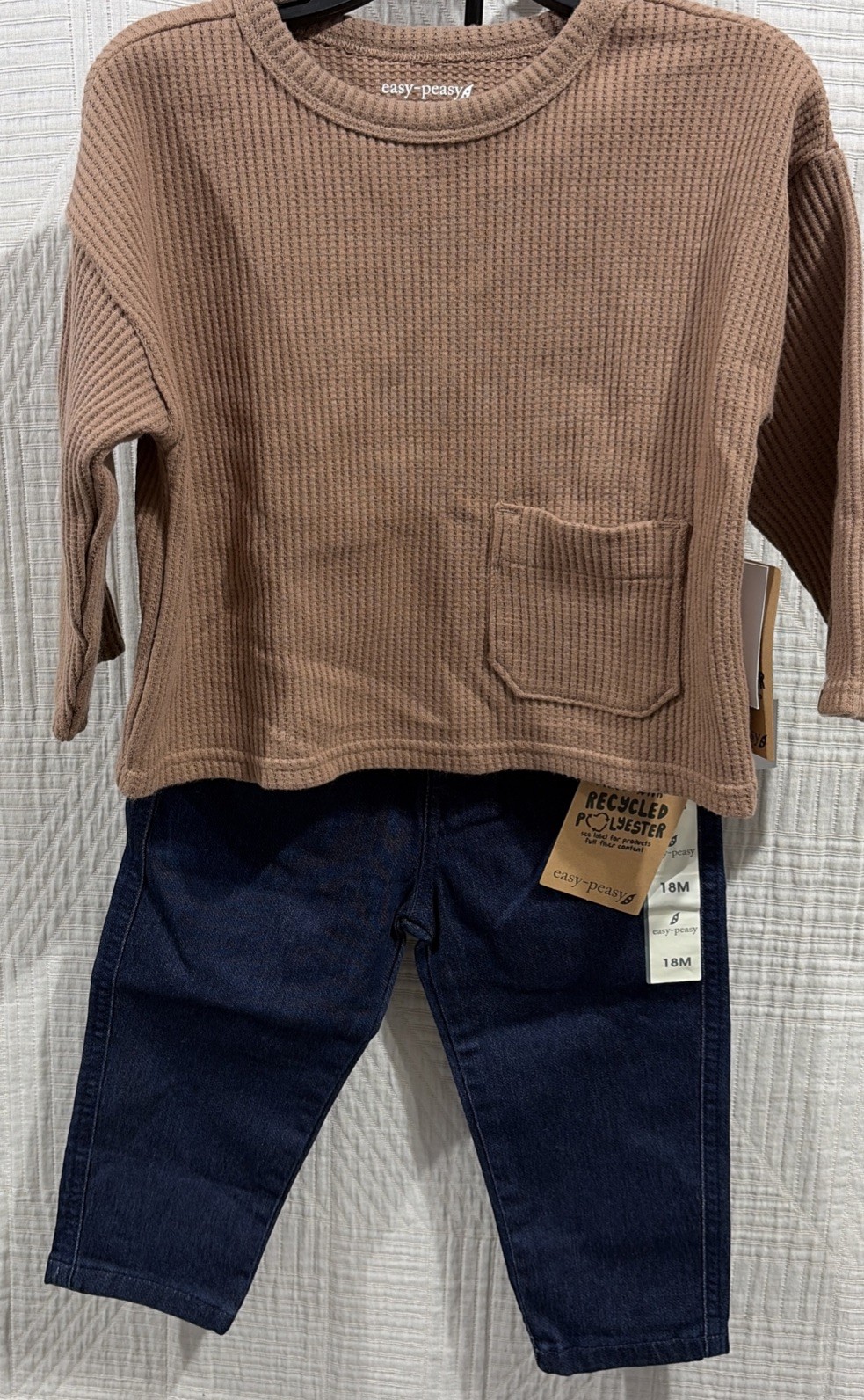 Easy Peasy 2 Piece Baby Boy 18 Woven Brown LS Shirt And Dark Blue Jeans New