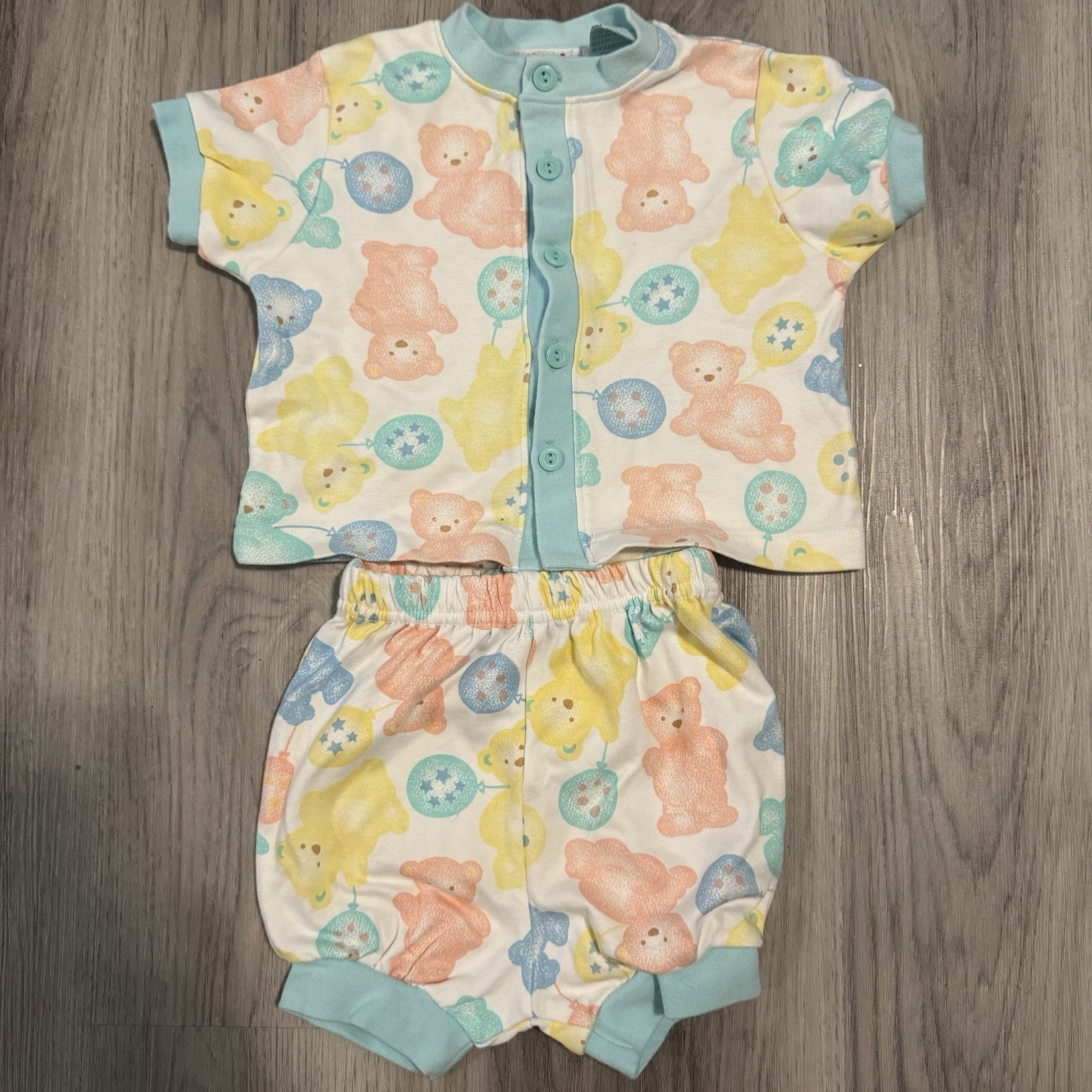 Vtg 90s Mockingbird Baby Unisex 6/9 Months 2-Piece Teddy And Balloons Short Set