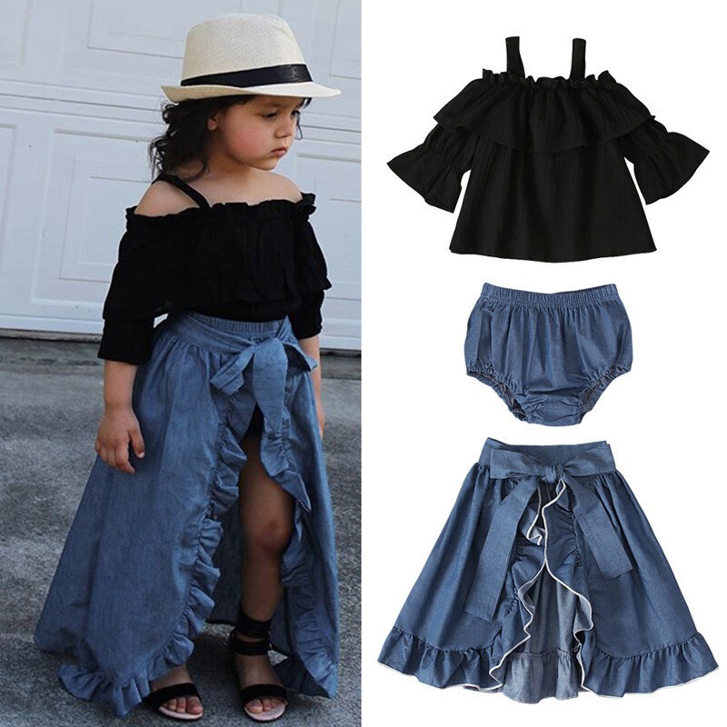 3PCS Kids Girls Clothes Set Off Shoulder T-Shirt Tops + Wide Leg Dress Outfits