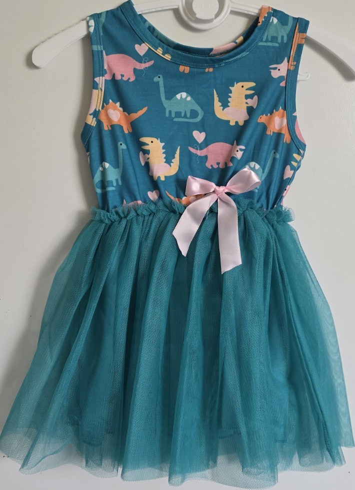 Girls’ Blue Fit & Flare Sleeveless Dinosaur Print Round Neck Tulle Bow Dress
