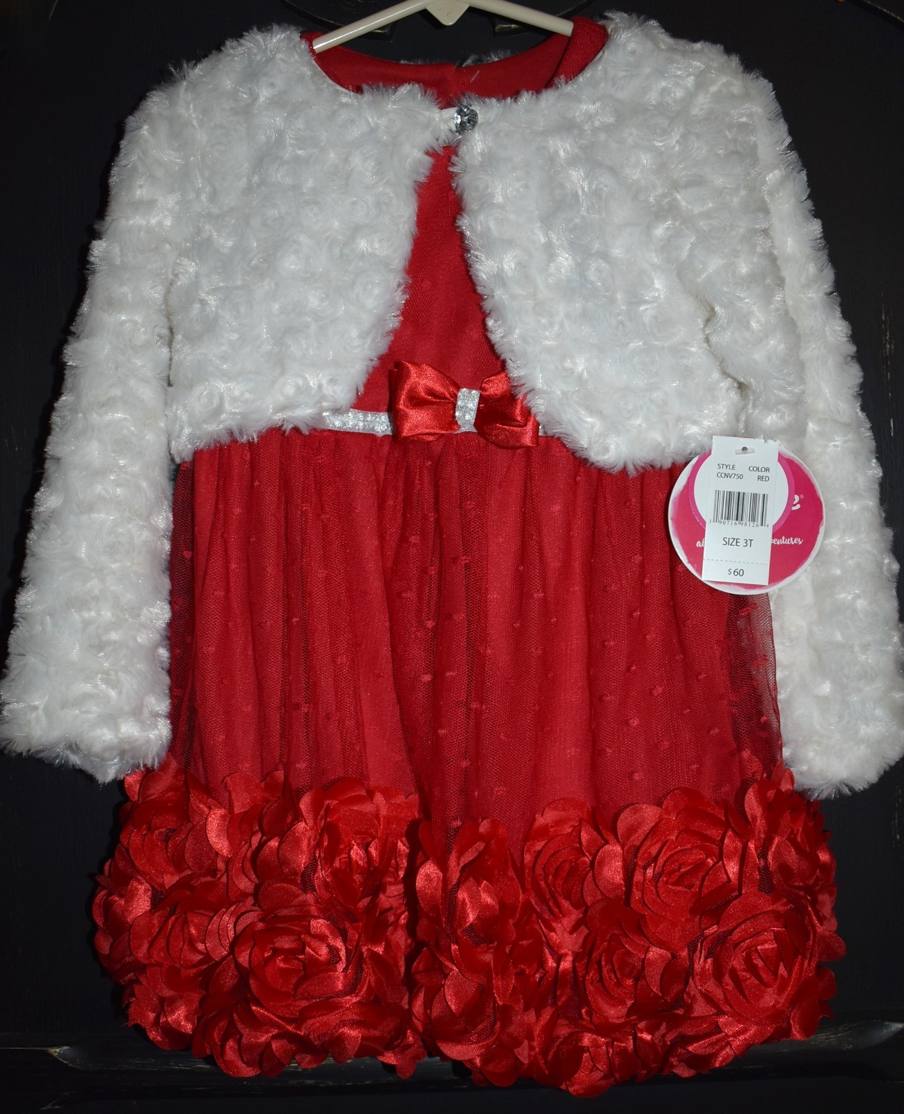 NWT Nannette Kids Toddlers 3T Girls 2-Pc. Set Red Dress Christmas Faux Fur Shrug