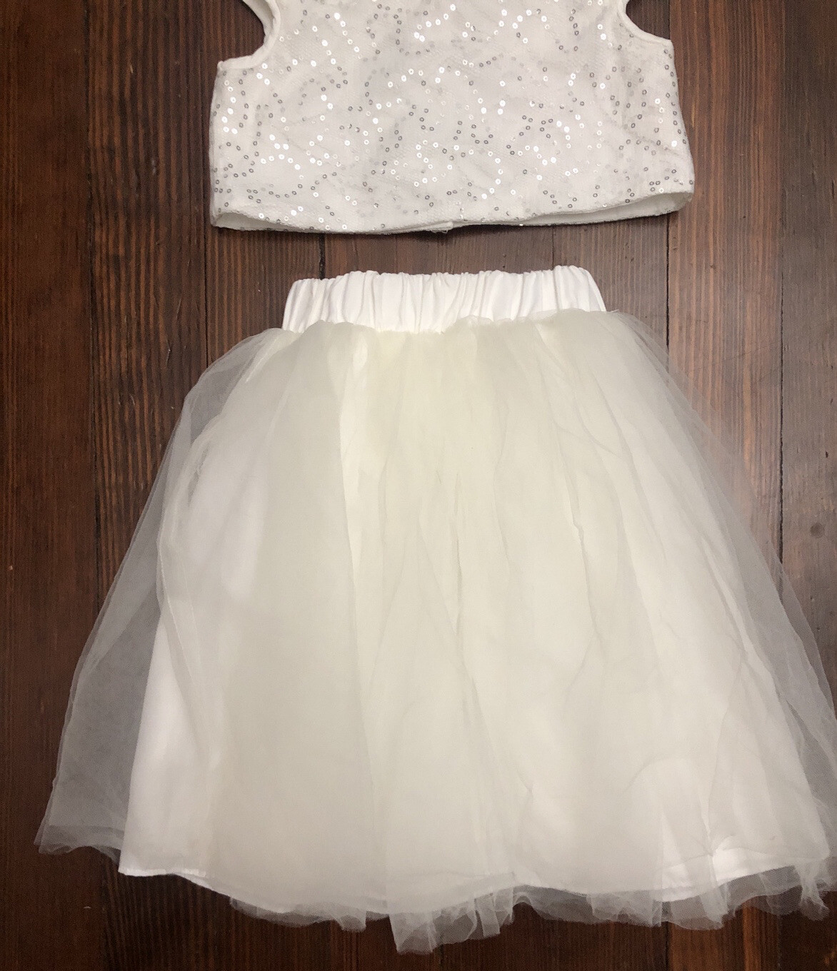TEVOLIO White Sequin Crop Top Skirt Set Tulle 3T Princess Silver Detail Party