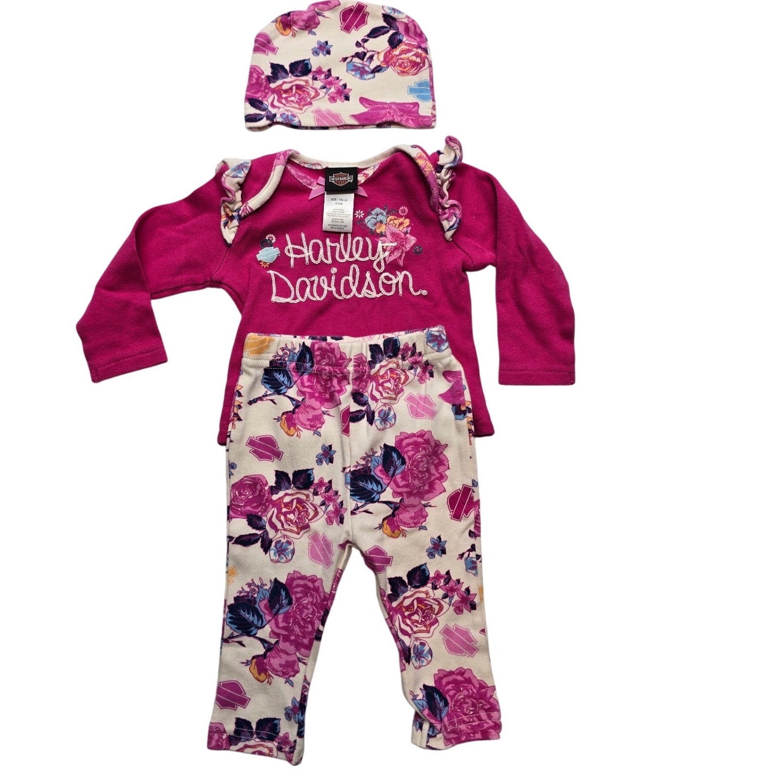 Harley Davidson Baby Girls Floral Ruffle Top Leggings Beanie Set Pink 3/6M Y2K