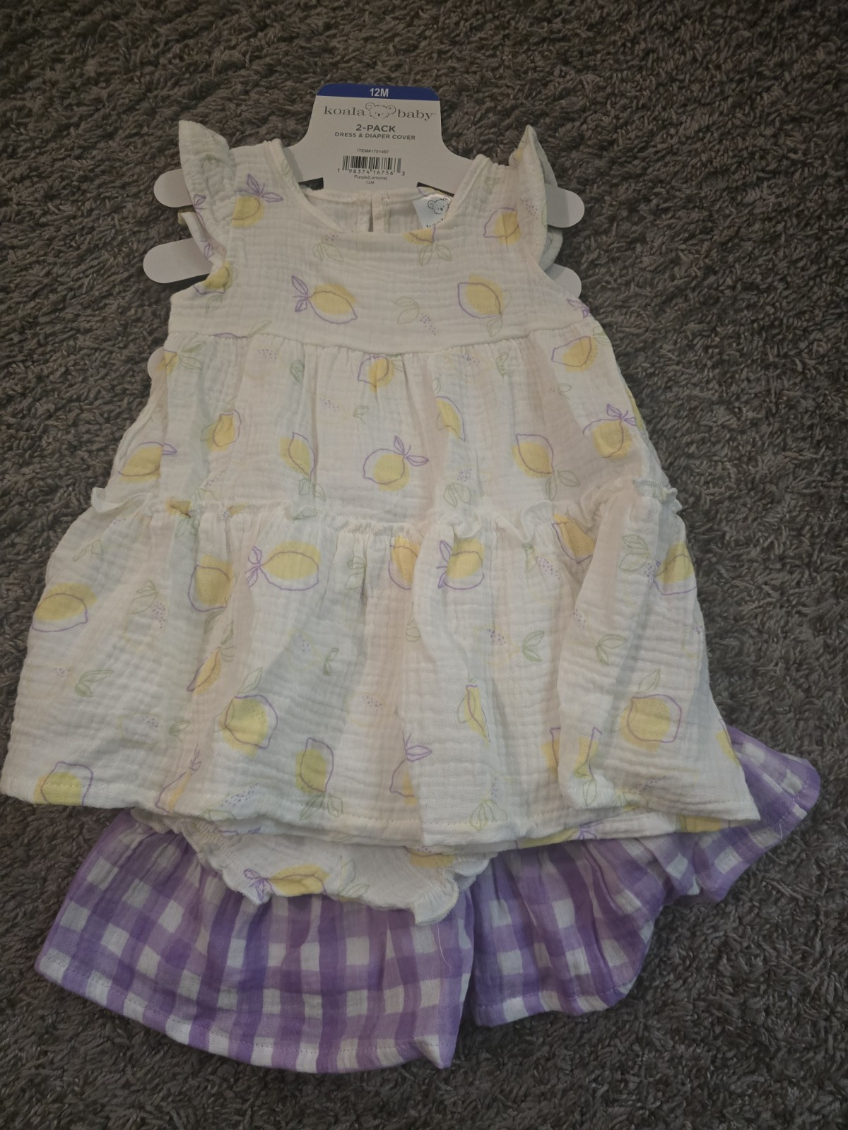 Koala Baby Girls 12M 2pc Dress & Diaper Cover Set Gingham Lemon Cotton