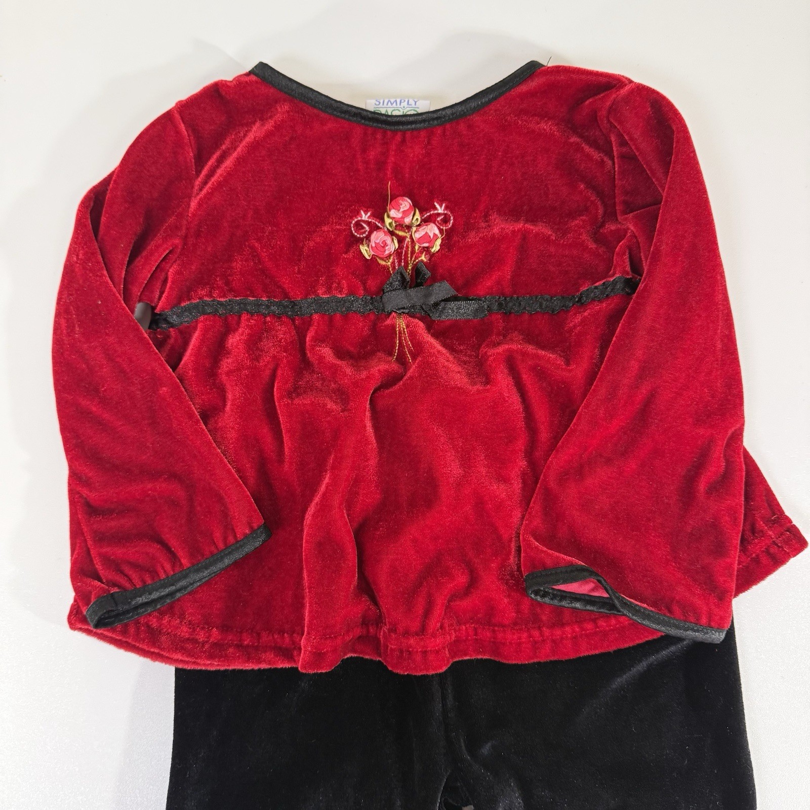 Vintage Velvet Outfit Size 3T Red Top Black Pants Ribbon Rose Trim Simply Basic