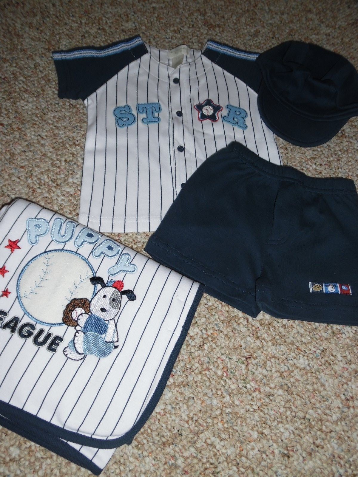 NWOT First Moments Layette 6-9 months 4 piece outfit blanket hat baseball