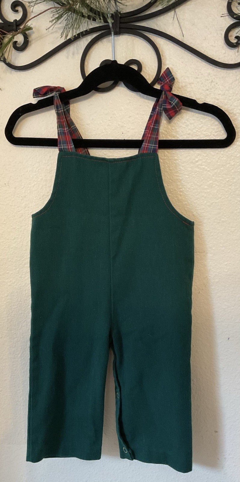 Vintage 90s Good Lad Christmas Green Red Plaid Overalls One-Piece Outfit 12M
