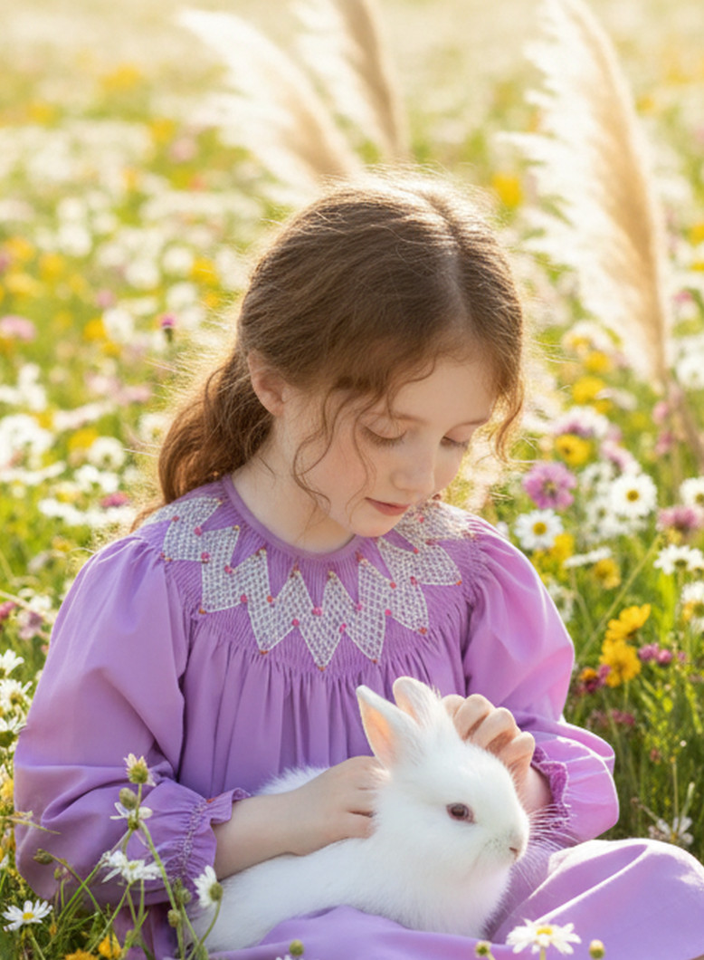 Purple Geometric Smocked Embroidered With Roses Long Sleeve Bishop Dress