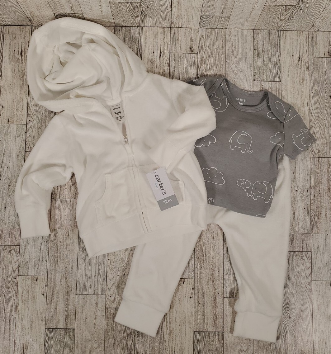 Carter’s Baby Jacket Pants Bodysuit 12 months 3pc Set Neutral Elephants NEW
