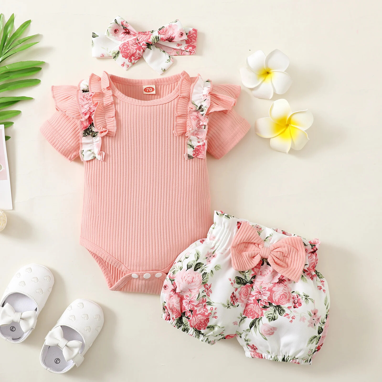 0-2 Year Old Baby Girl Pink Round Neck Lace Flowers Printed Bow Shorts Cute Suit