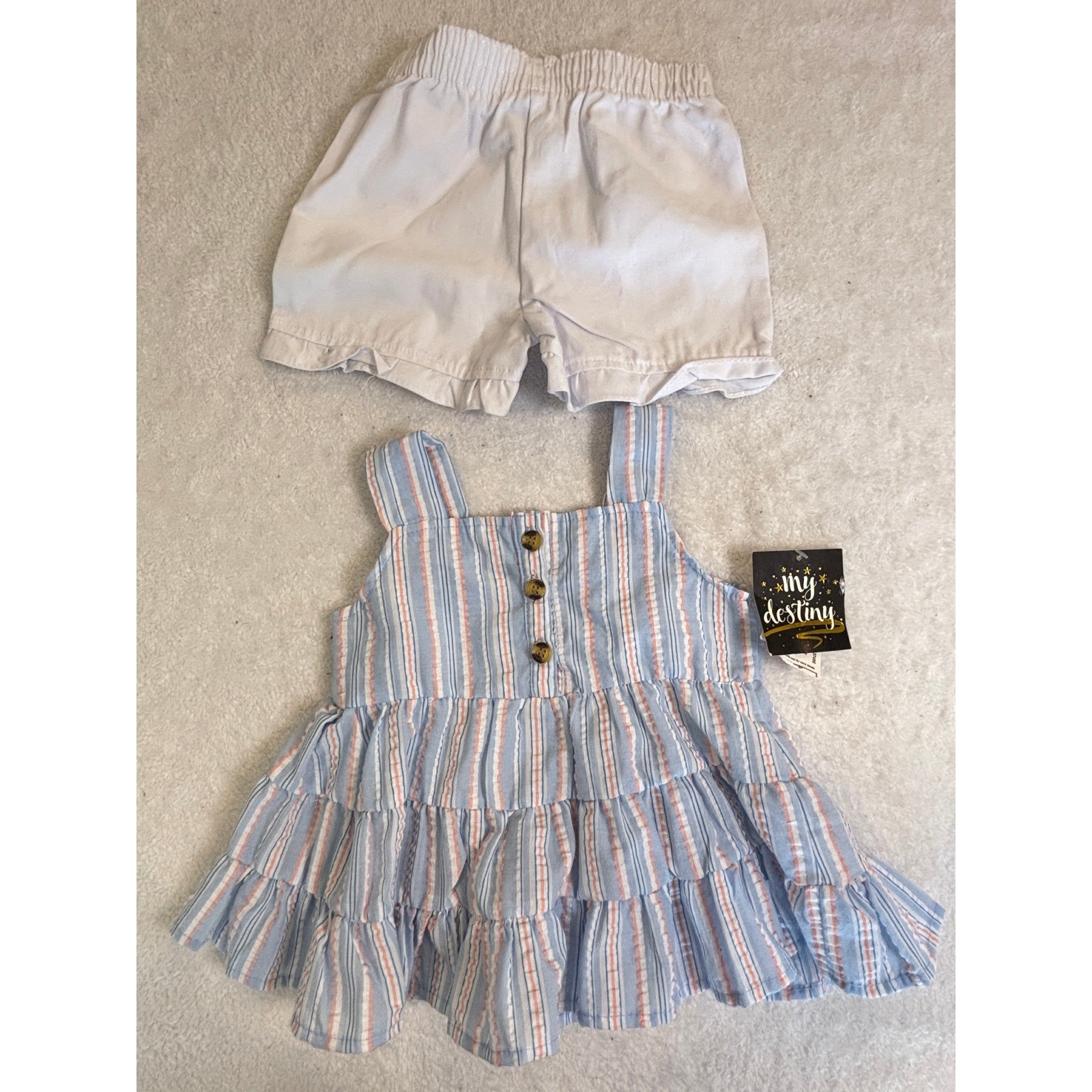 My Destiny Baby Girls 2pc Set Striped Tiered Tank Top and Ruffle Shorts Blue 24M