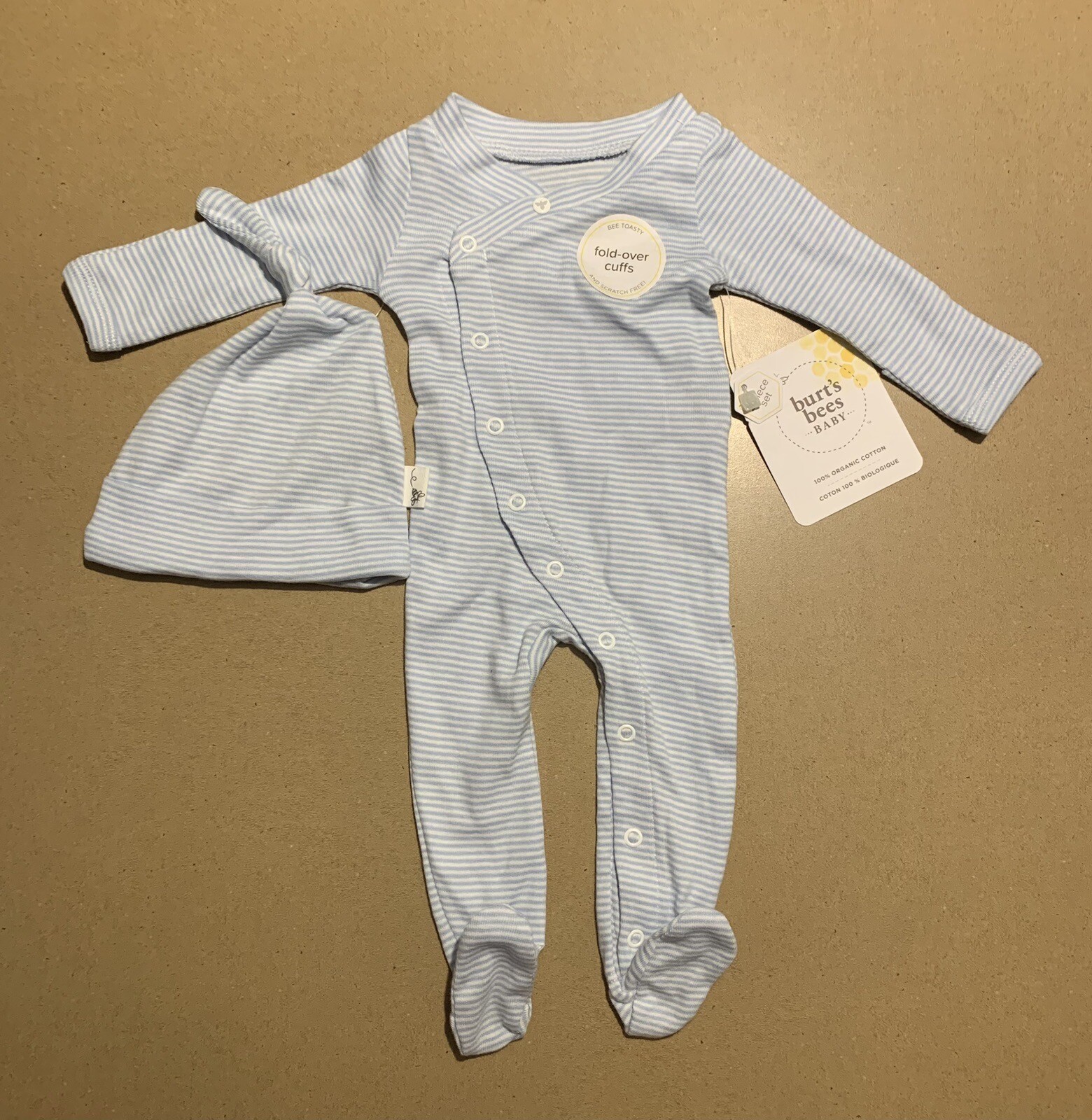 Burt’s Bees Micro Stripe Organic Cotton Jumpsuit Knot Hat Set Newborn Blizzard