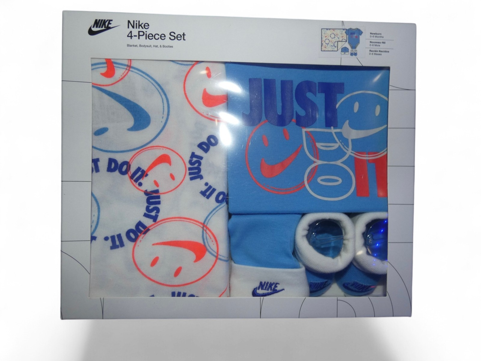 Nike Baby Boys Newborn Gift Set 0-6M Romper Hat Booties Blanket Bodysuit NIB