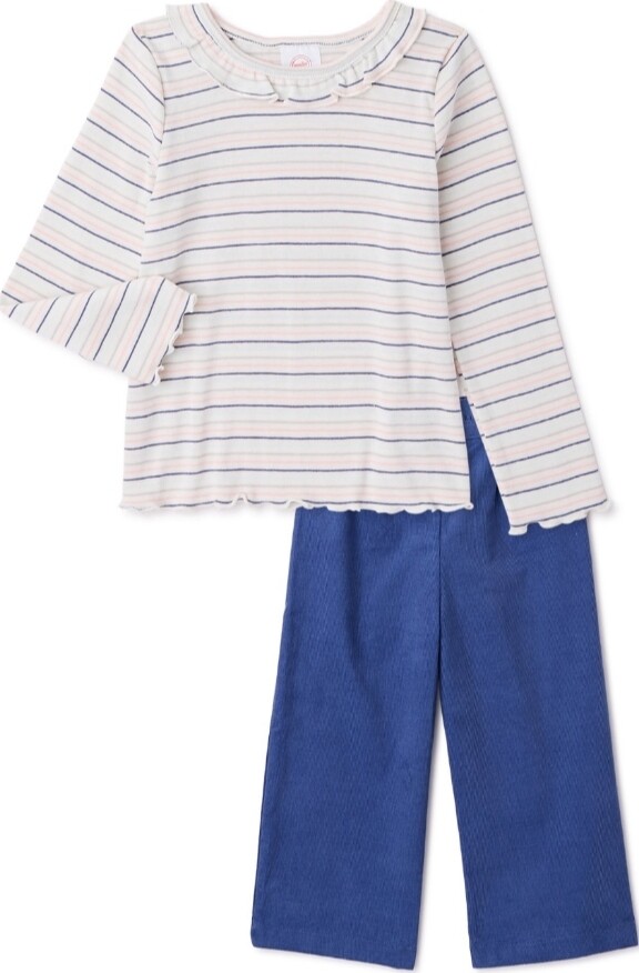 Girl’s 2Pc Outfit Blue Corduroy Wide Leg Pants Striped Ruffle Collar LS Top
