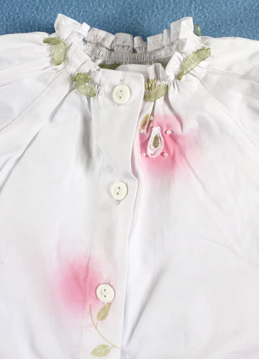 Bebijou France White Shirt Pink Floral Green Ribbon Trim sz 24 mos