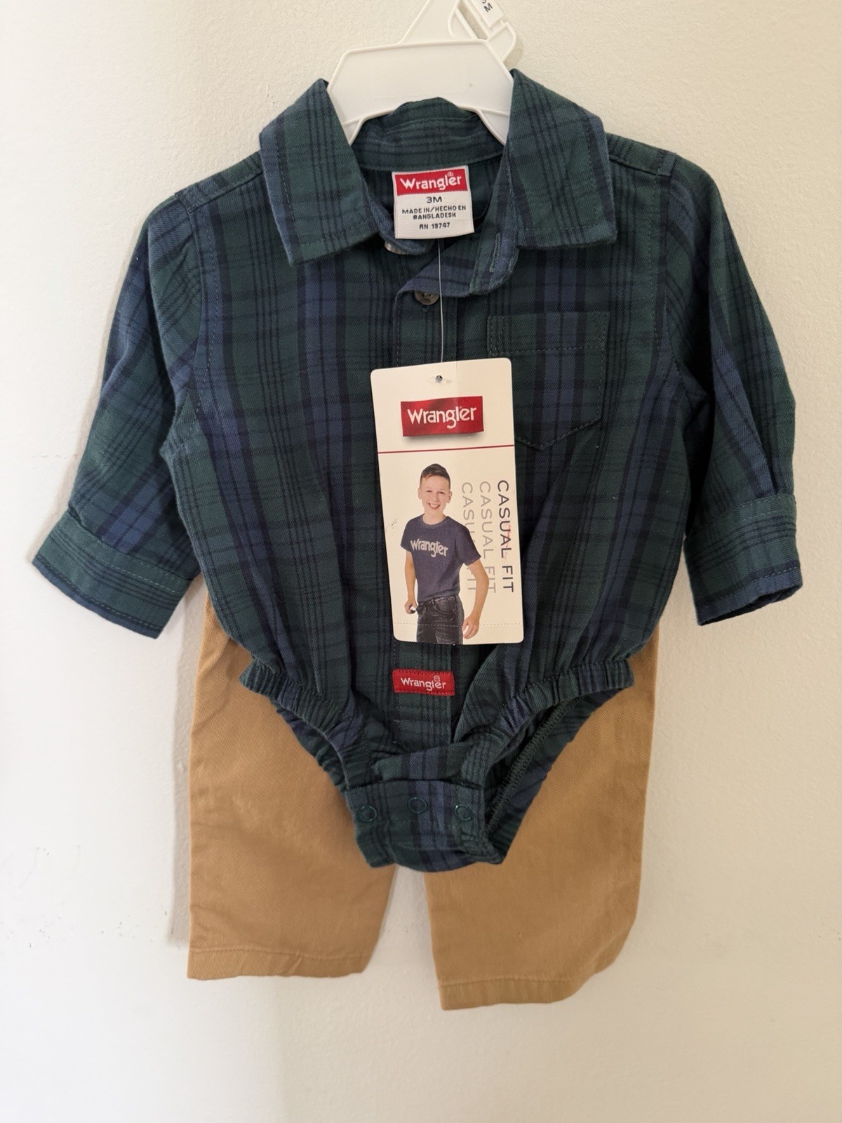 Wrangler 3M Plaid Long Sleeve Bodysuit & Tan Pants Unisex Baby Outfit Set