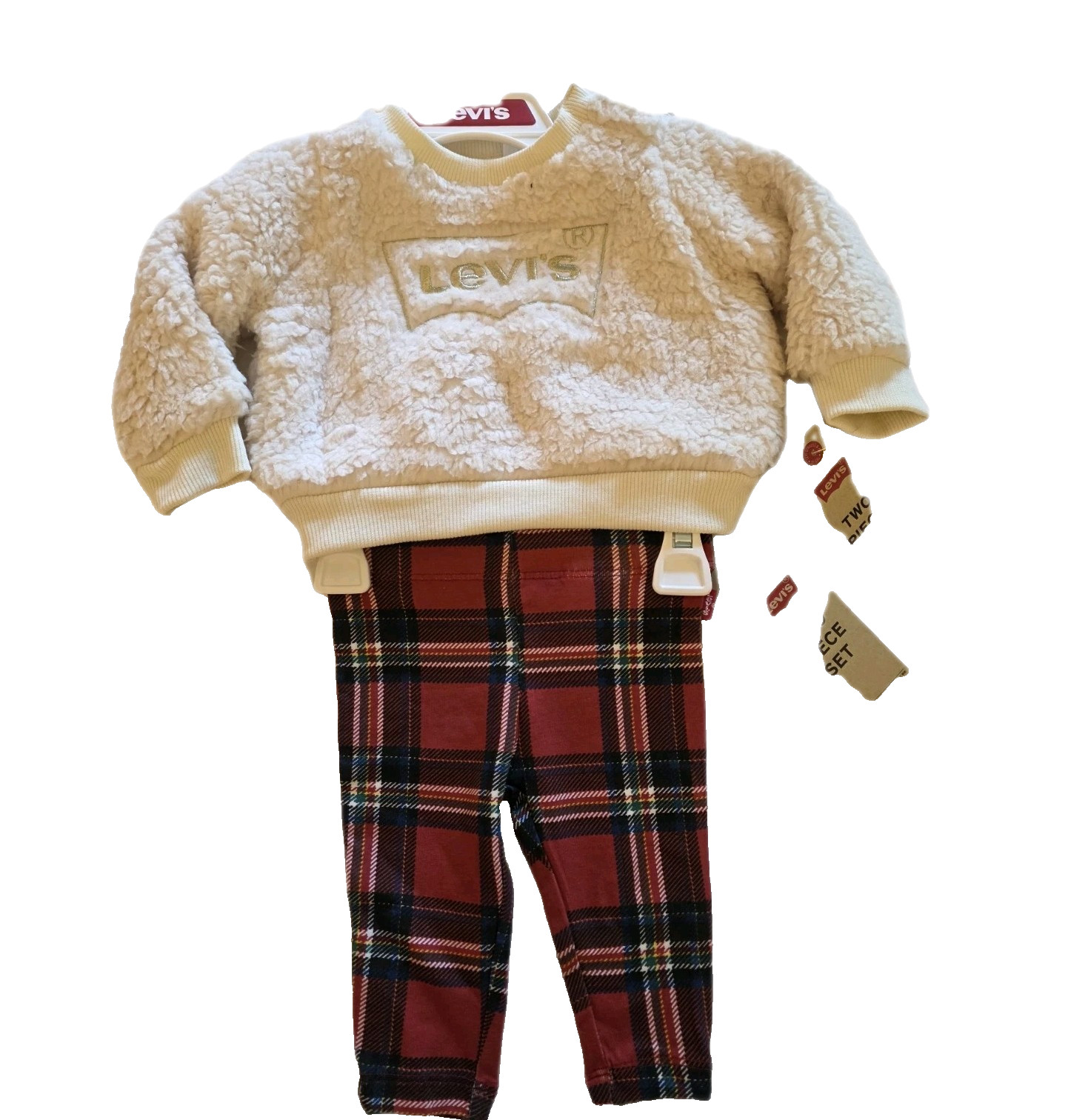 Levi’s Infant Girls 3 Month 2 pc Fleece Shirt Plaid Pants NWT MSRP $48