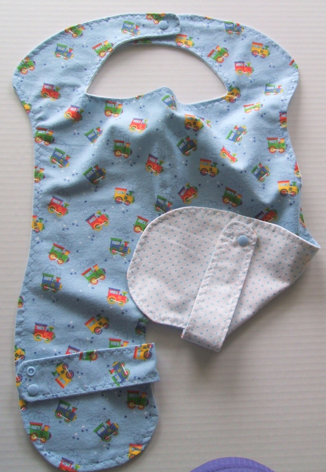 Flannel Baby Set Blue w/ Trains 2 Blankets 2 Burb Cloths 1 Full Body Bib Reverse