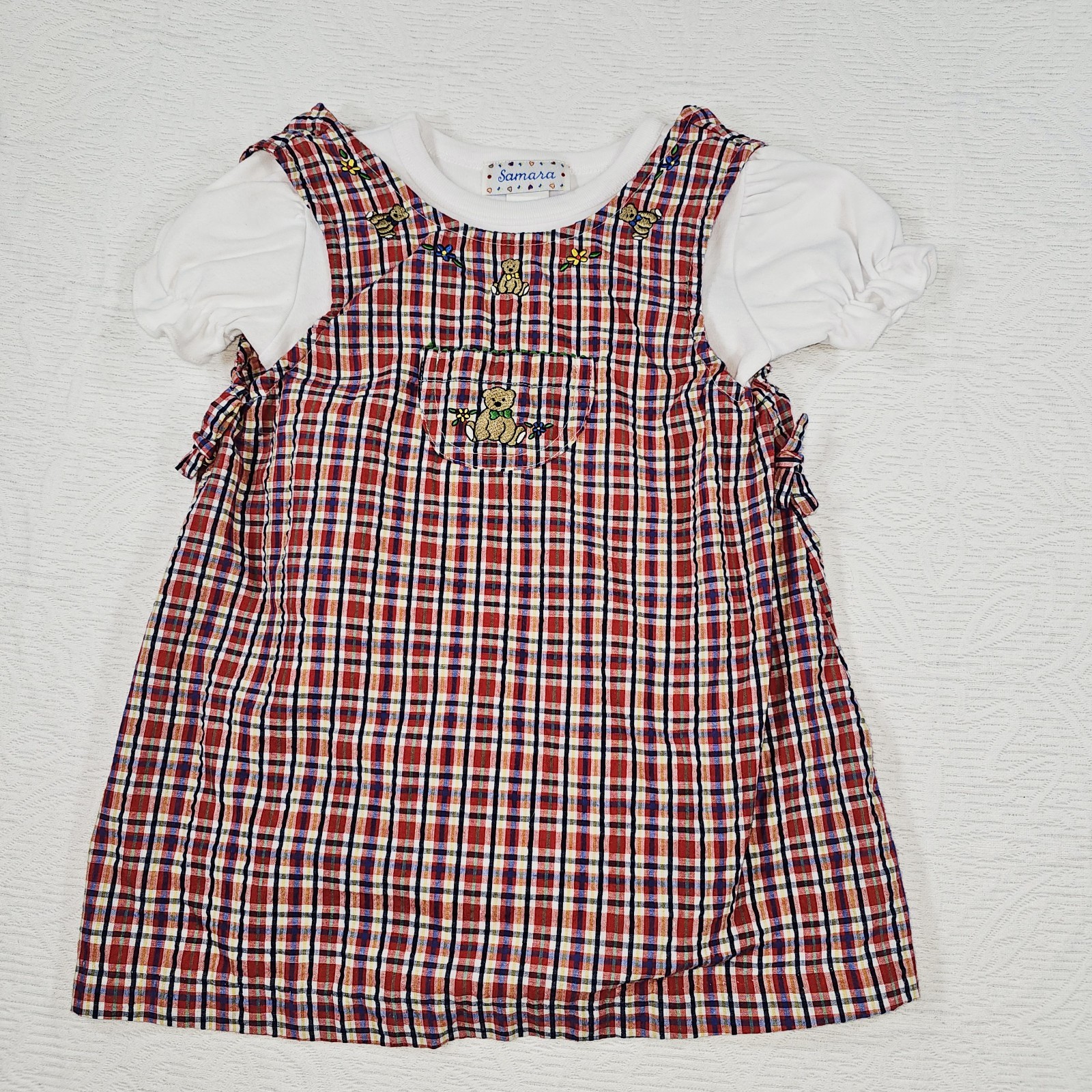 Vintage 80s Samara Toddler Girl Seersucker Jumper Plaid Red W/White Shirt 4T
