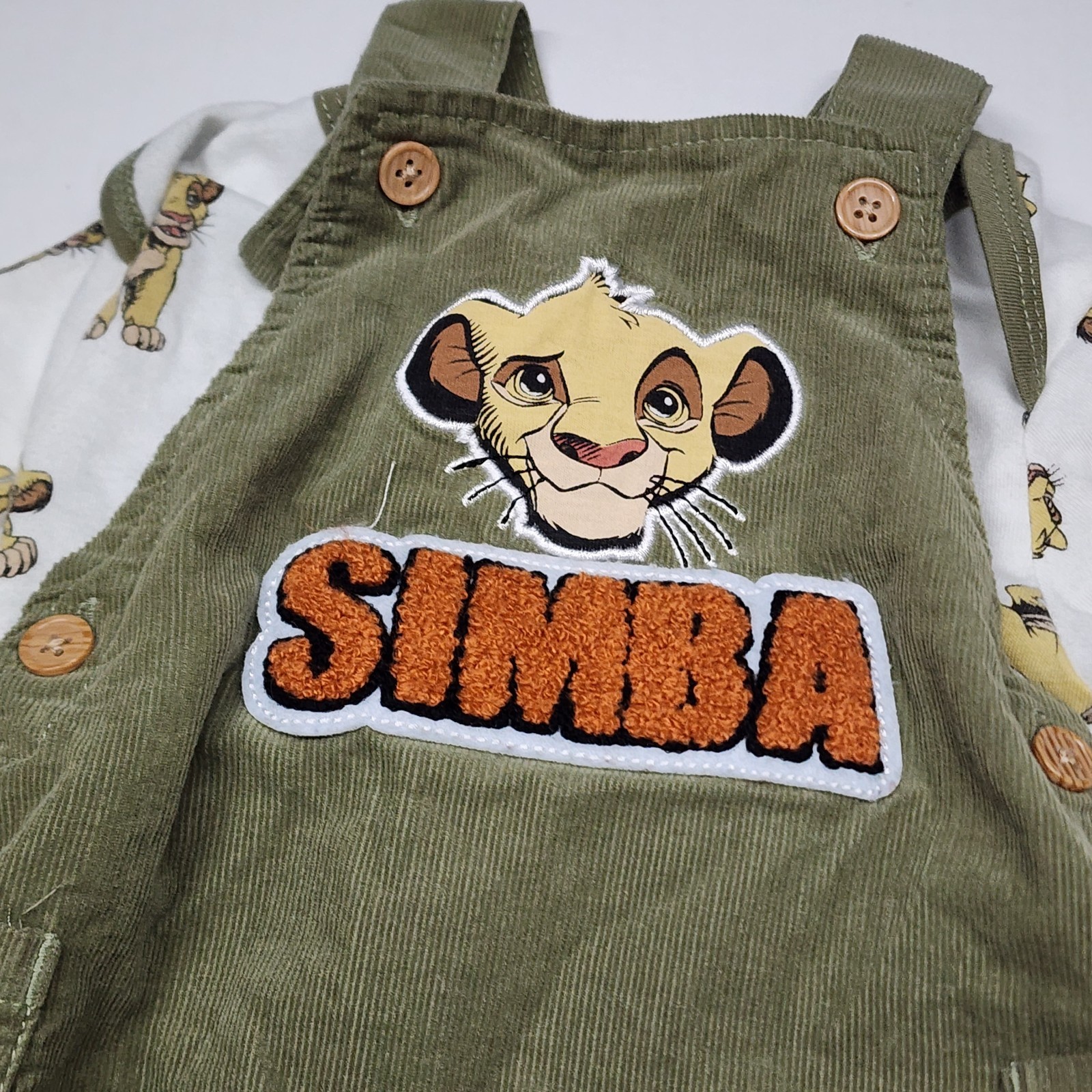 Disney Baby Romper Overalls Simba Lion King Size 3-6M 2 Piece Set Corduroy Green