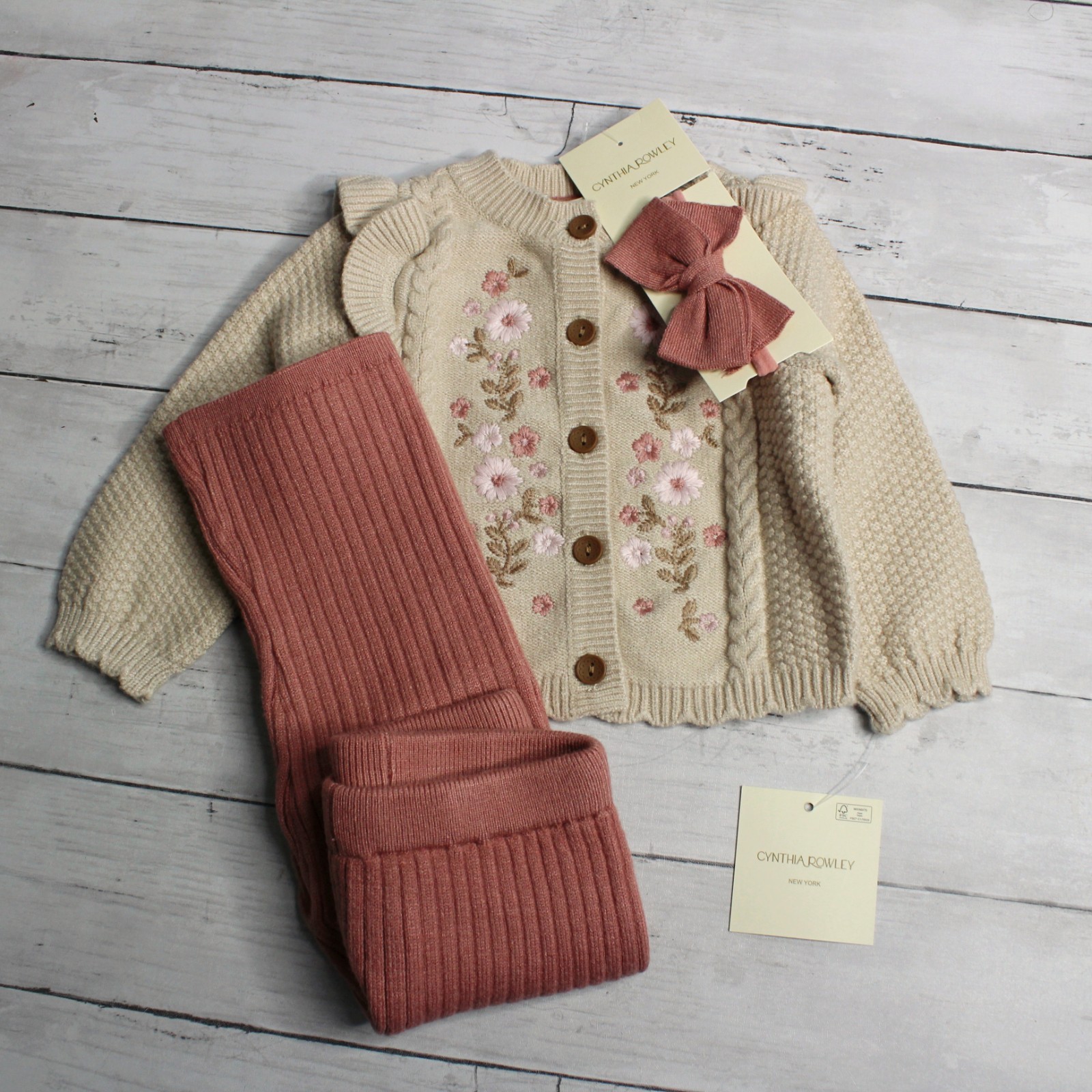 Cynthia Rowley Baby Girl’s Cardigan Sweater Pants Headband Set Size 3-6 Months